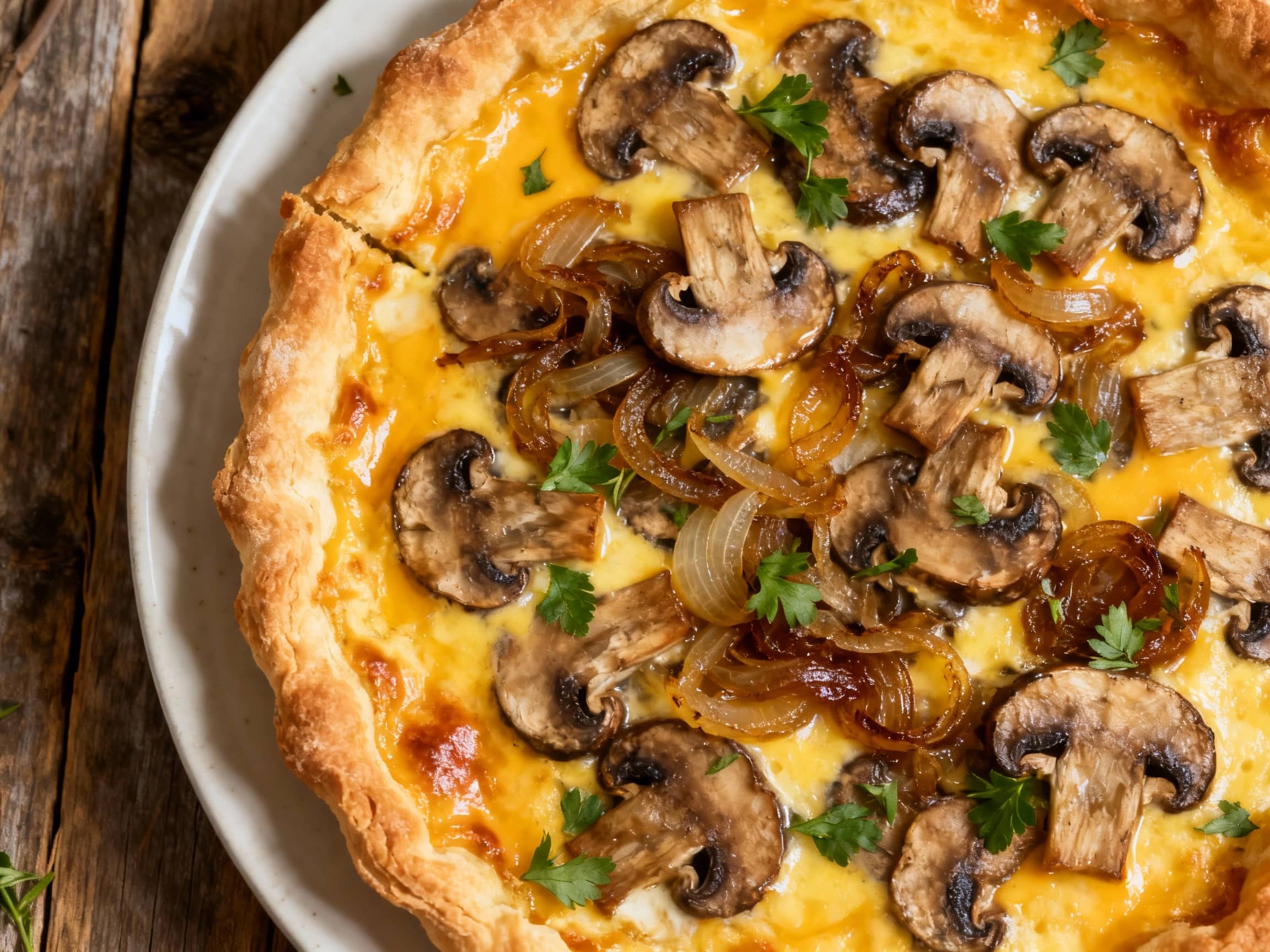 A golden-brown tart filled with melted smoked Gouda cheese, earthy mushrooms, and sweet caramelized onions sits on a rustic wooden board, ready to be enjoyed.