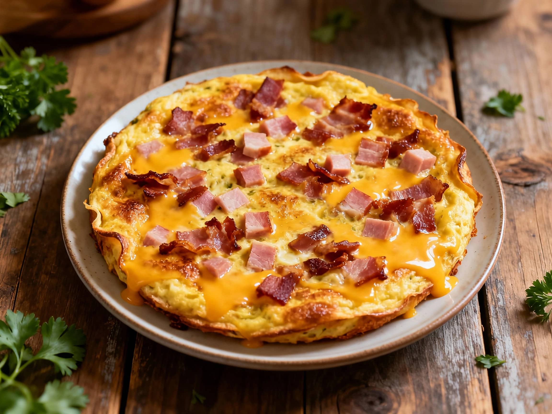 A warm, golden-brown frittata fills a cast iron skillet, loaded with bits of crispy bacon and savory ham, and topped with a luscious layer of melted, smoky gouda cheese. Sprinkled with vibrant green chives, the dish is presented on a rustic wooden board, promising a hearty and flavorful meal perfect for breakfast, brunch, or dinner.