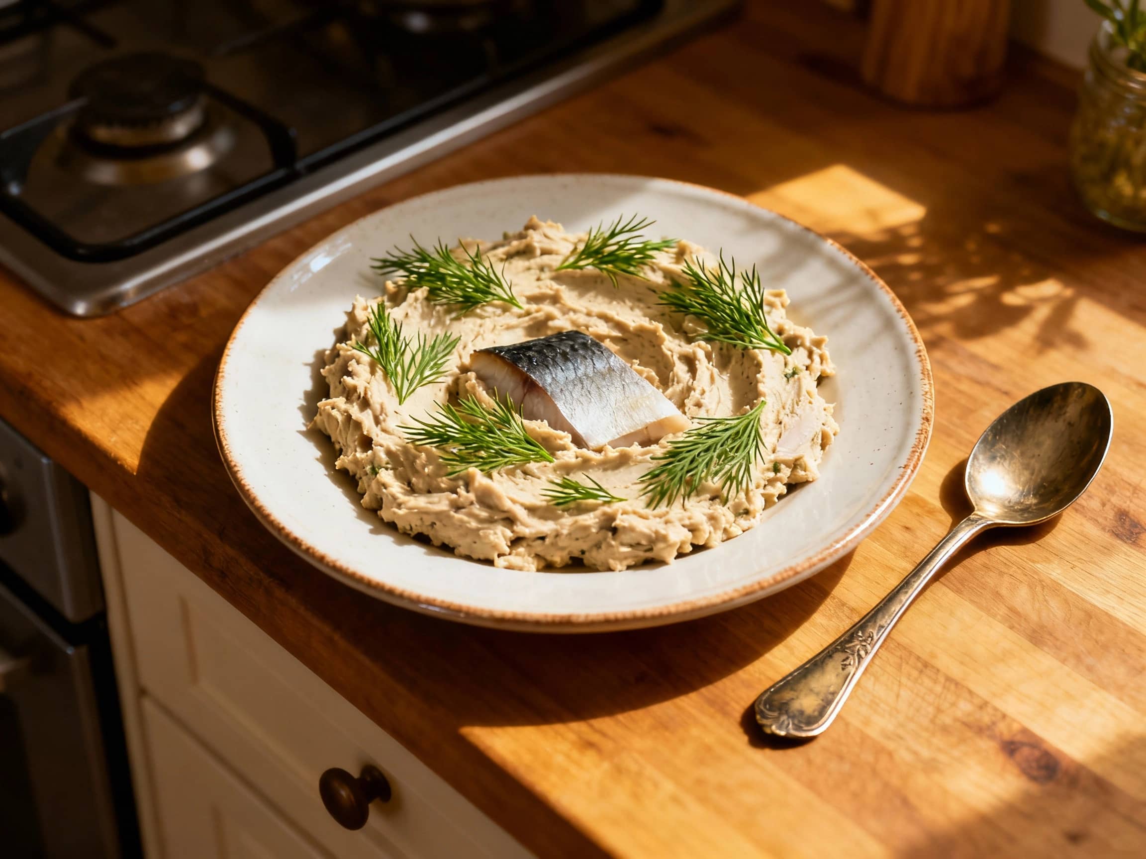 Creamy smoked mackerel rillettes are generously garnished with fresh dill and artfully spread on toasted baguette slices, inviting a delightful bite.