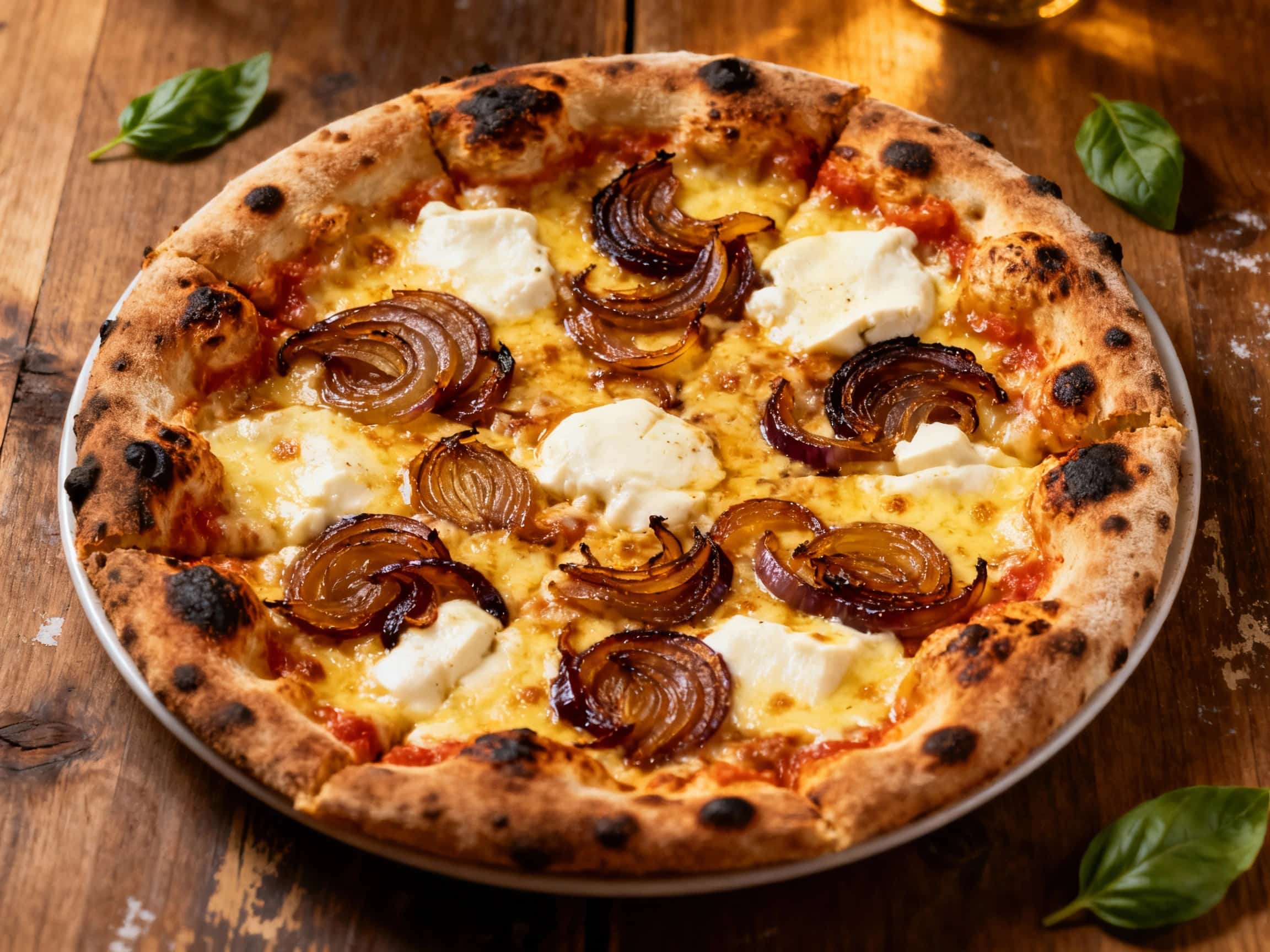 A mouth-watering, freshly baked coal-fired pizza presented on a rustic wooden board, teeming with melted smoked mozzarella and sweet, golden caramelized onions. Vivid green specks of fresh thyme are scattered across the top, contrasting with the rich, browned cheese. The crust is thick, bubbly, and beautifully charred in places, hinting at the smoky, intense heat it was cooked in, promising a deli
