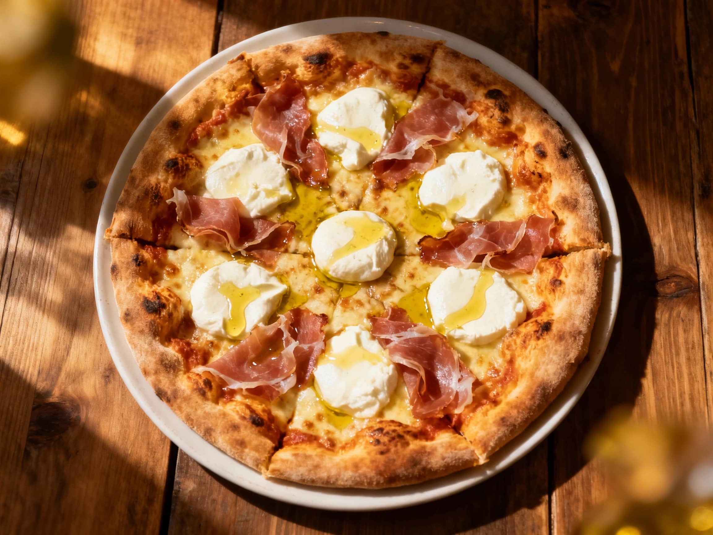 A rustic New York-style pizza with bubbly crust, topped with melted smoked mozzarella, savory prosciutto, and fresh basil, sits on a wooden board under warm lighting.