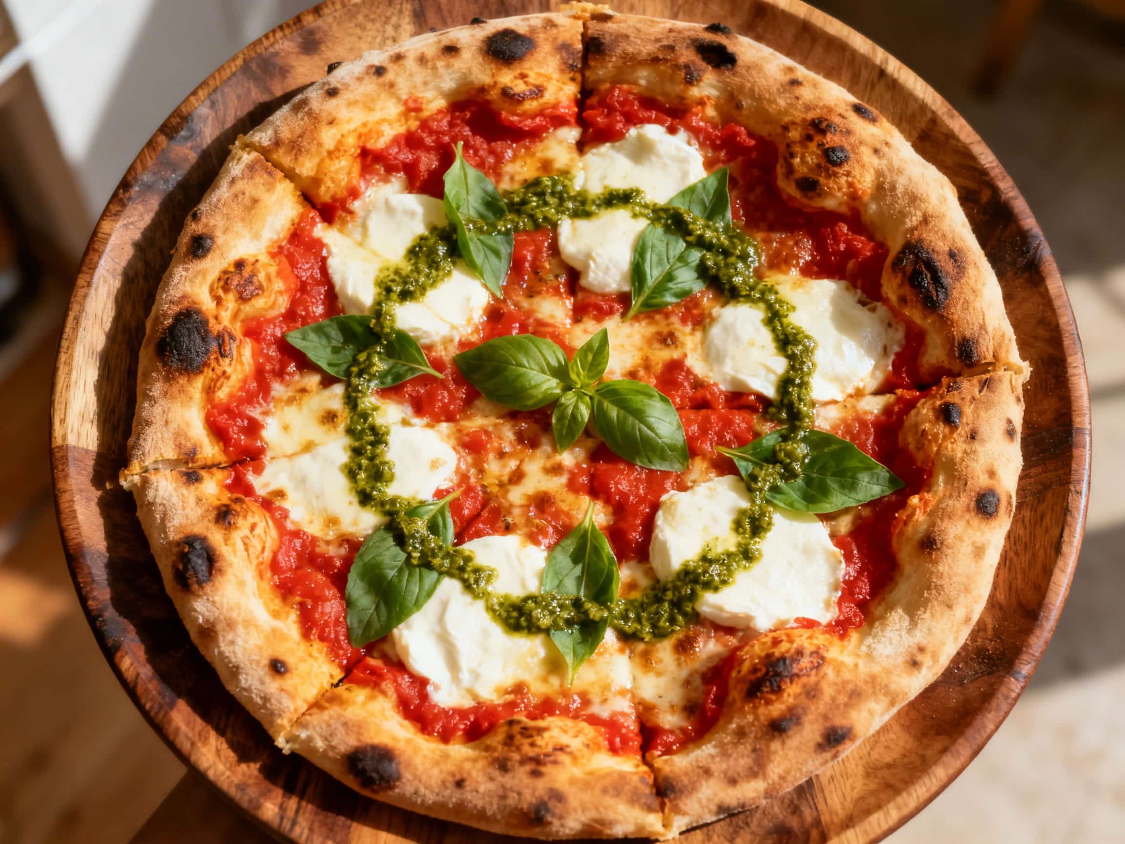 A stunning Smoked Mozzarella Margherita Pizza with Basil Pesto, presented on a rustic wooden board. The pizza, sliced into wedges, features a perfectly golden, blistered crust, rich red tomato sauce, and beautifully melted smoked mozzarella. Vibrant green dollops of fresh basil pesto are artfully placed across the top, alongside scattered fresh basil leaves, suggesting a gourmet and aromatic meal