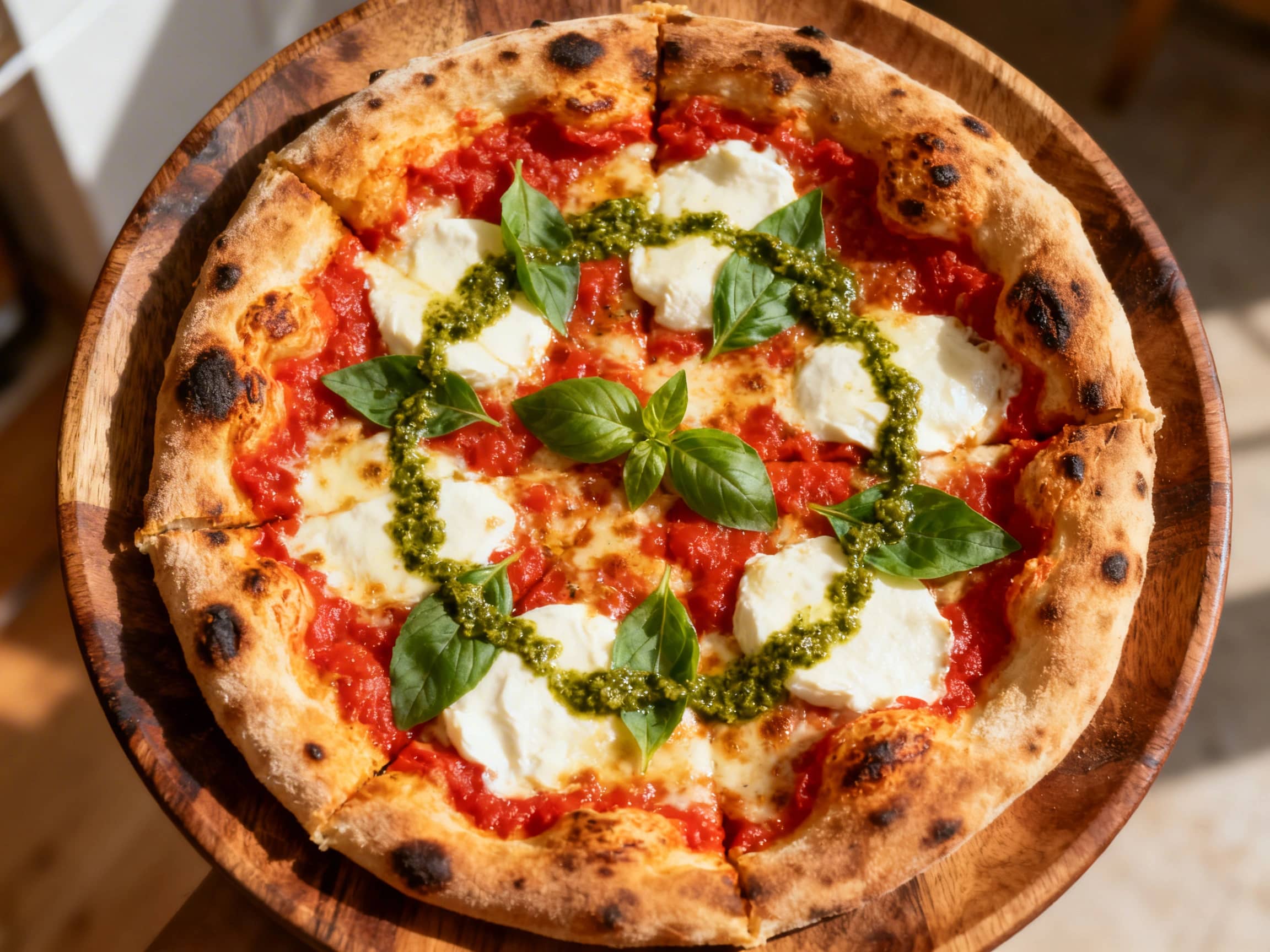A stunning Smoked Mozzarella Margherita Pizza with Basil Pesto, presented on a rustic wooden board. The pizza, sliced into wedges, features a perfectly golden, blistered crust, rich red tomato sauce, and beautifully melted smoked mozzarella. Vibrant green dollops of fresh basil pesto are artfully placed across the top, alongside scattered fresh basil leaves, suggesting a gourmet and aromatic meal
