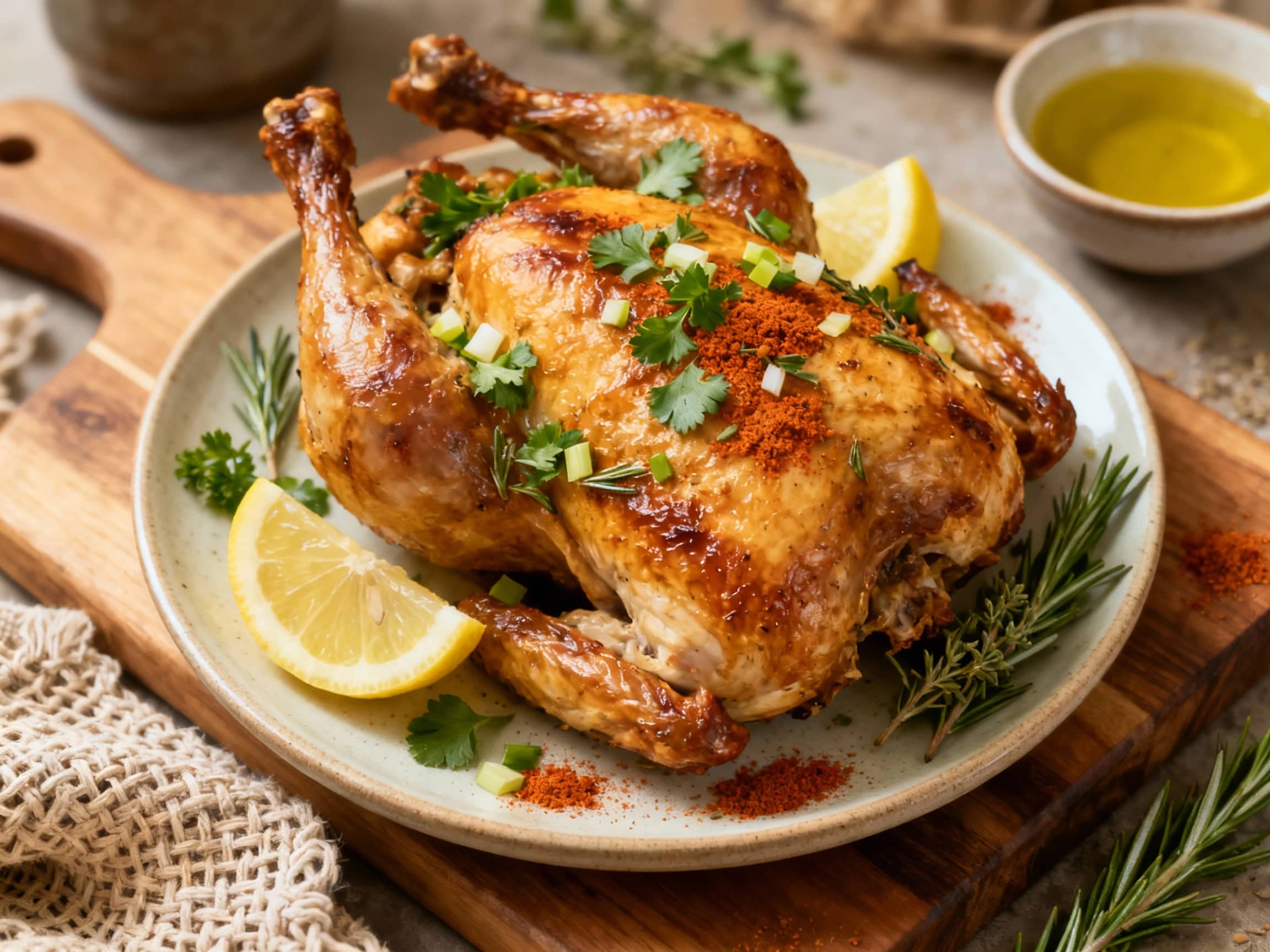 A beautifully roasted chicken glistens under warm lighting, its skin a deep golden brown, sprinkled with fresh green herbs and a hint of smoked paprika.