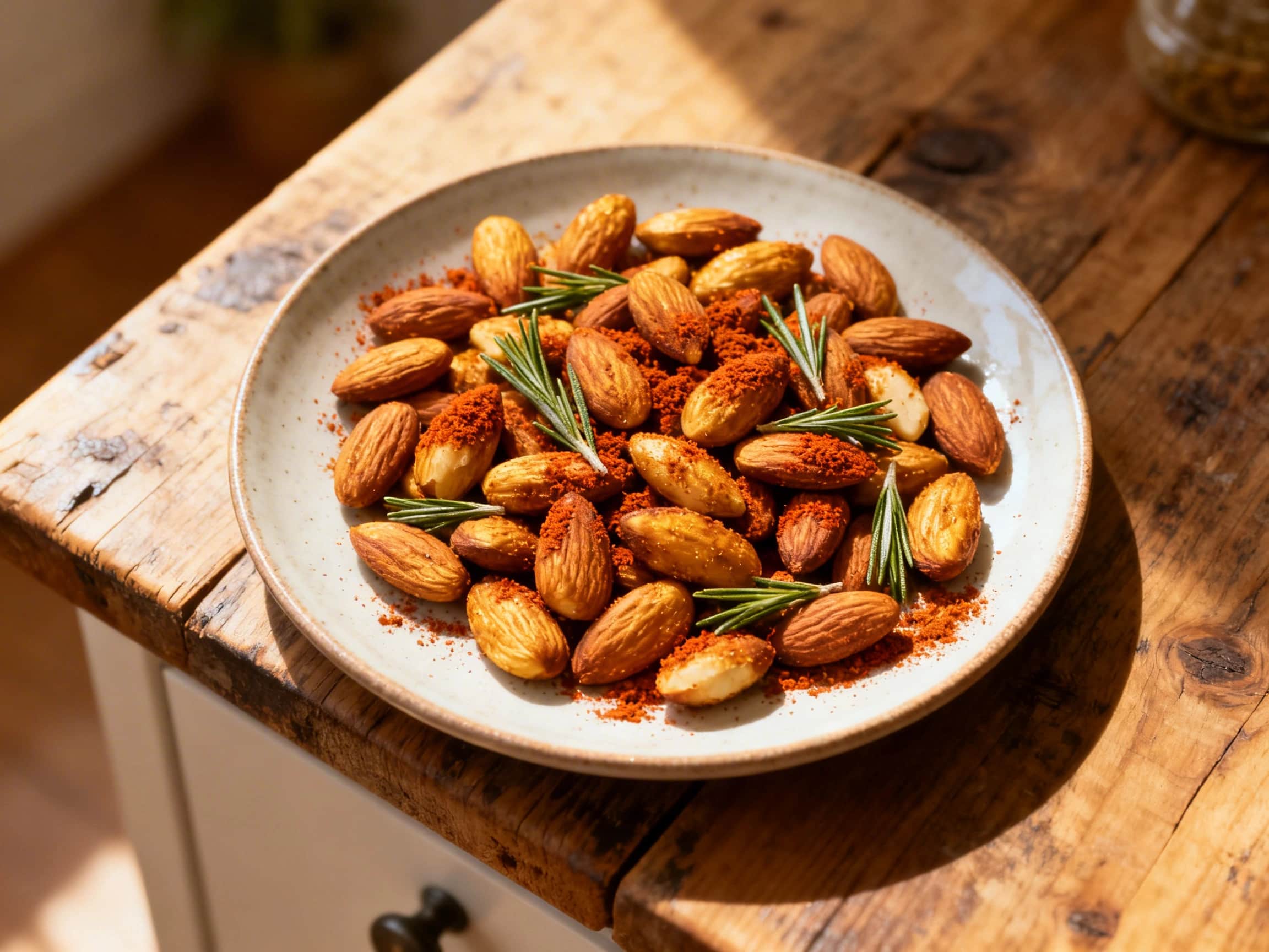 An enticing overhead shot of a rustic wooden bowl filled to the brim with perfectly roasted almonds. Each almond glistens with olive oil and is generously coated in a vivid mix of red smoked paprika and finely chopped fresh green rosemary. The image captures the warmth and richness of the savory snack, set against a backdrop of natural light. A few sprigs of fresh rosemary and a dusting of paprika