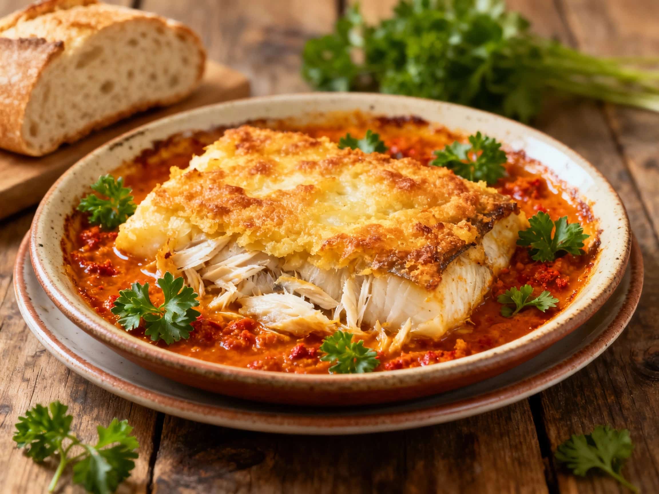 Flaky cod, potatoes, and onions are baked in a rustic casserole dish, finished with a sprinkle of smoked paprika and fresh parsley for a vibrant, savory aroma.