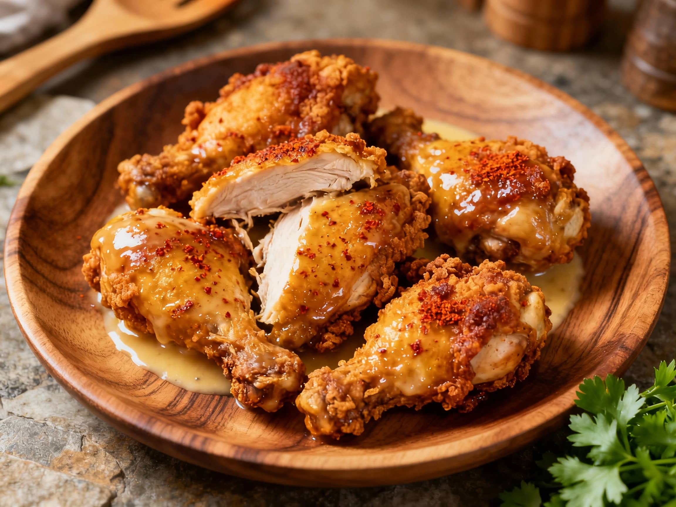 Golden brown, crispy fried chicken pieces rest on a rustic wooden board, dusted with smoky paprika and fresh parsley, capturing a cozy, Southern-inspired meal.