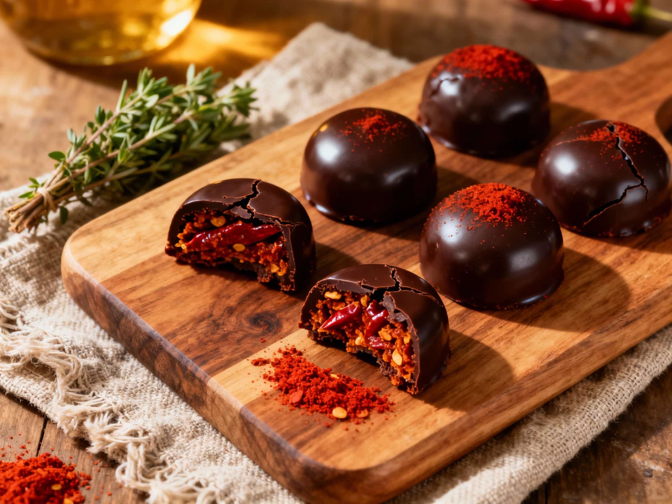 Three exquisite bonbons arranged on a dark slate platter. One is a glossy dark chocolate bonbon dusted with red smoked paprika. Next to it, a vibrant red bonbon is adorned with a delicate candied rose petal. The third is a white chocolate bonbon, subtly speckled with tiny red chili flakes. The presentation is elegant and precise, typical of a plated dessert course, emphasizing the distinct visual