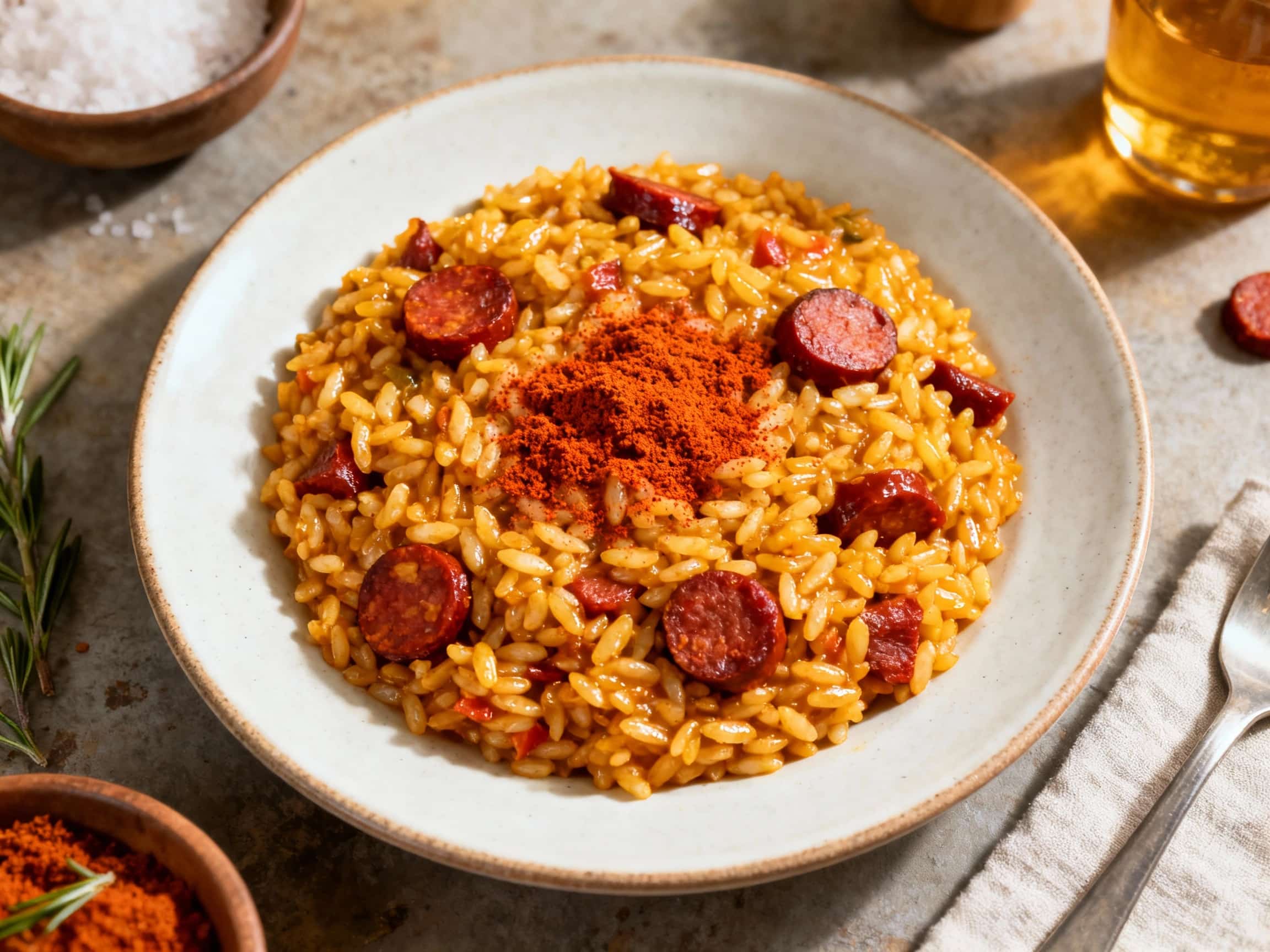 An enticing, rustic cast-iron skillet filled with Smoked Paprika Chorizo Paella Risotto, viewed from a close-up overhead perspective. The creamy Arborio rice glows with a saffron hue, richly textured and flecked with crumbled chorizo sausage. Scattered across the surface are vibrant pink, plump shrimp and beautifully opened mussels. A generous garnish of fresh green parsley offers a pop of color,