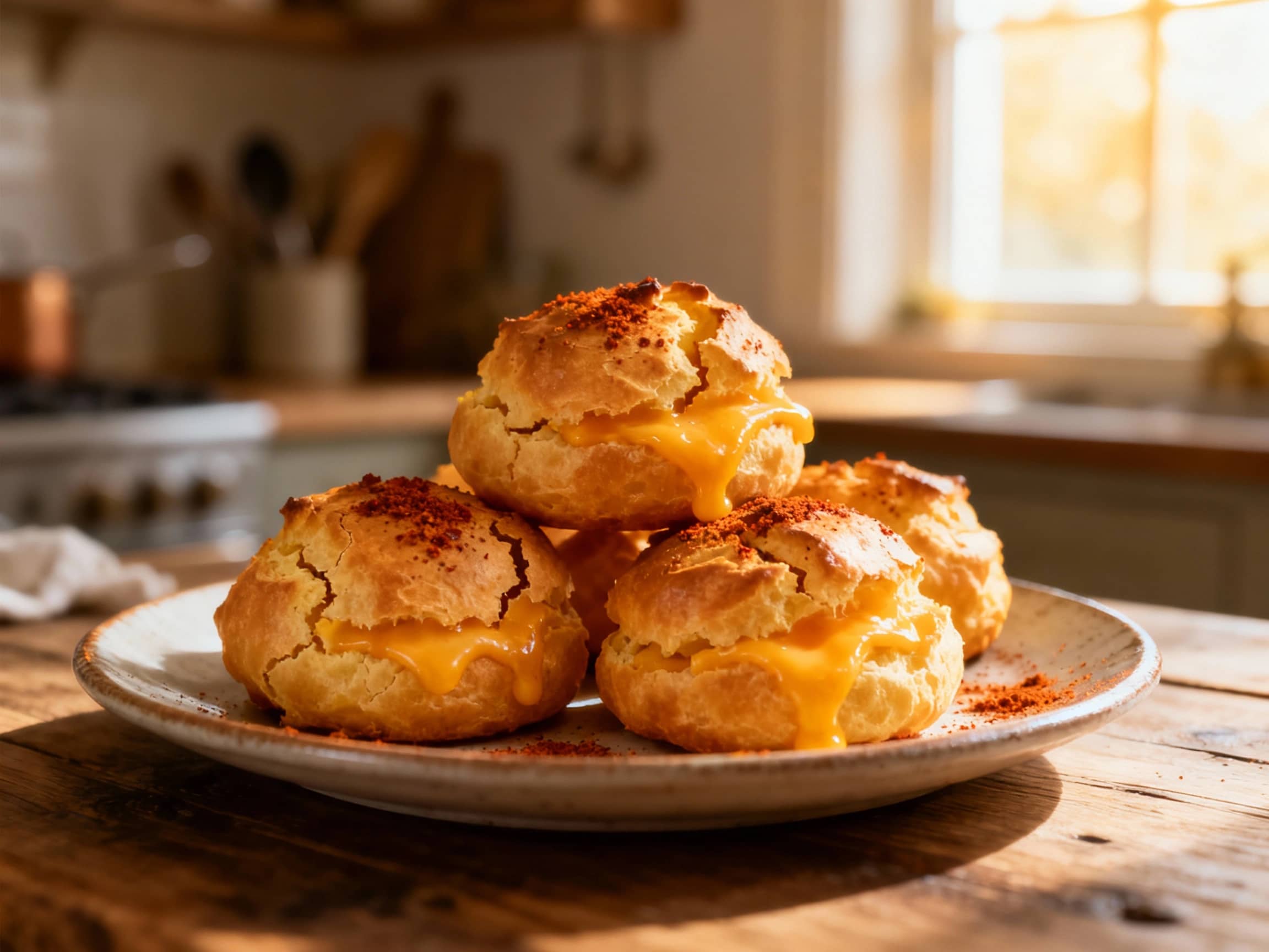 Golden-brown, airy gougères are arranged artfully on a dark slate platter, dusted with vibrant smoked paprika and topped with melted sharp cheddar cheese.