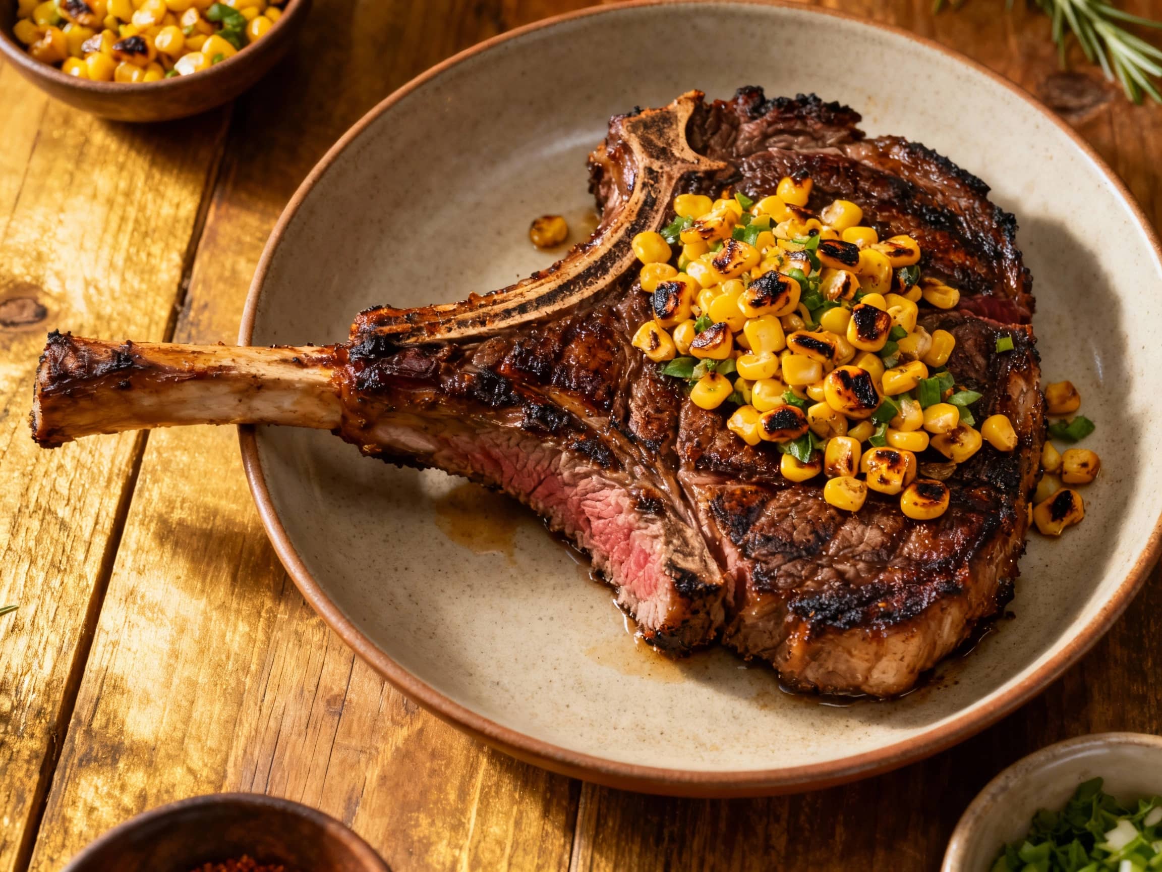 A stunning, sliced smoked Porterhouse steak drizzled with a bright, charred corn and bell pepper salsa, presented on a wooden board. The steak exhibits a perfect pink medium-rare and a smoky crust, beautifully complemented by the colorful salsa with its visible kernels of corn, red bell pepper, and fresh green cilantro, inviting a delightful, gourmet experience.