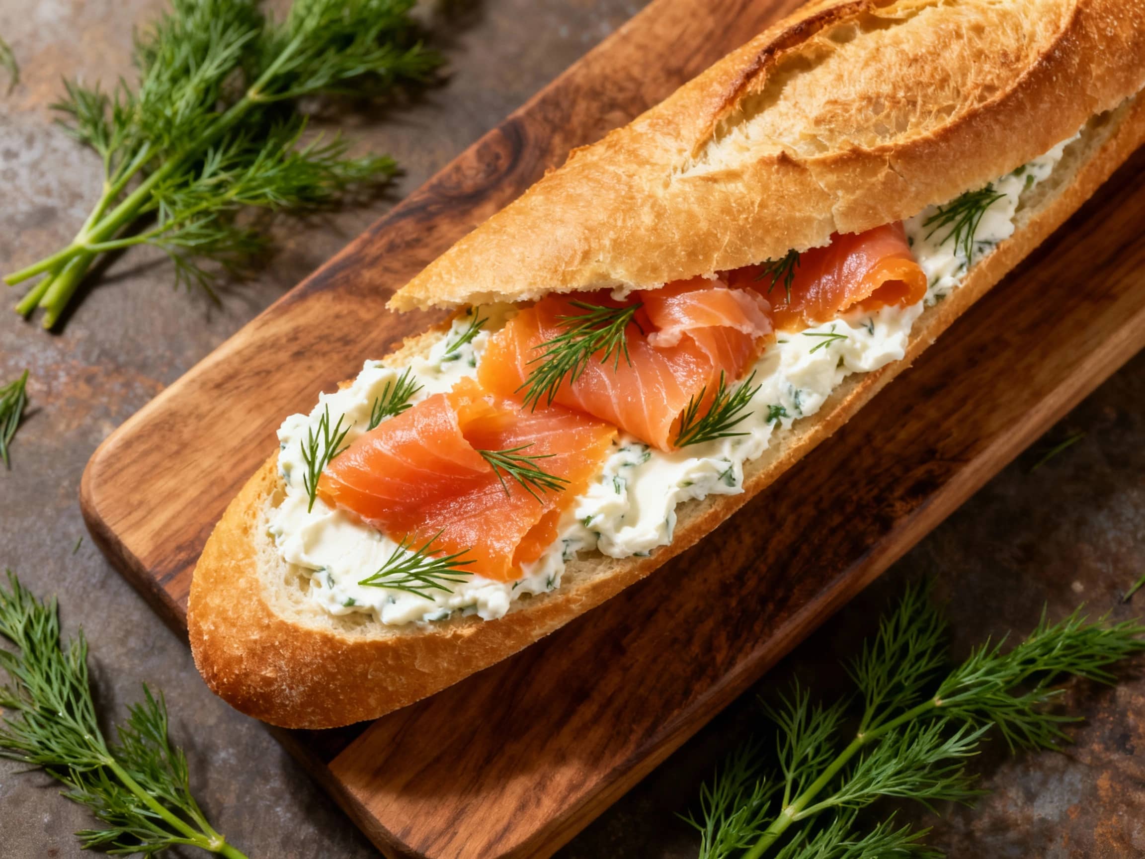 Several elegant open-faced sandwiches arranged on a rustic wooden board. Each toasted baguette slice is topped with a thick layer of creamy, dill-infused cream cheese, followed by delicate, thinly sliced smoked salmon. The salmon is garnished with small, briny capers and vibrant sprigs of fresh dill. The scene is brightly lit, emphasizing the fresh ingredients and inviting presentation, perfect fo