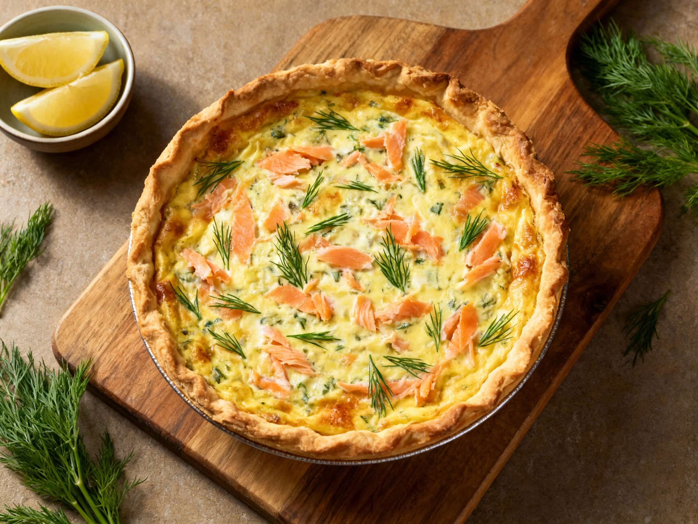 A close-up of a generously sized slice of Smoked Salmon and Dill Quiche Lorraine, exhibiting a golden-brown, flaky pastry crust. The creamy egg custard is visibly rich, interspersed with vibrant pink flakes of smoked salmon, crispy bits of bacon, and finely chopped fresh dill. A layer of melted, slightly browned Gruyere cheese tops the quiche slice. It rests on a rustic grey ceramic plate with a s