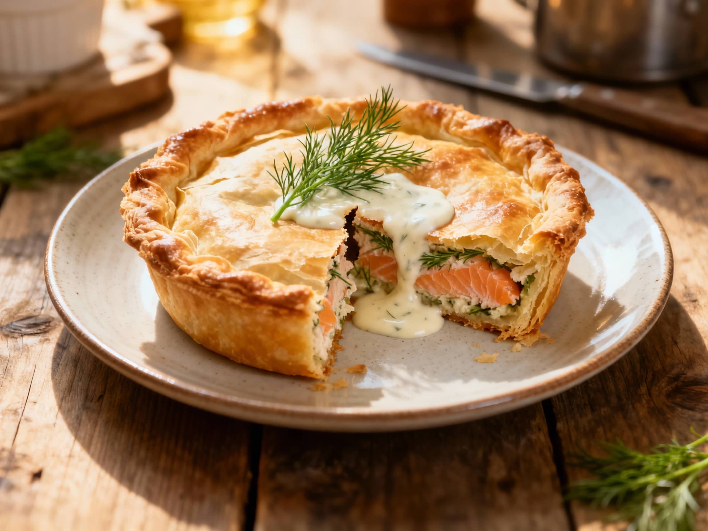 A golden-brown, flaky crust encases a creamy filling studded with vibrant pink smoked salmon and fresh green dill, glistening under warm kitchen light.