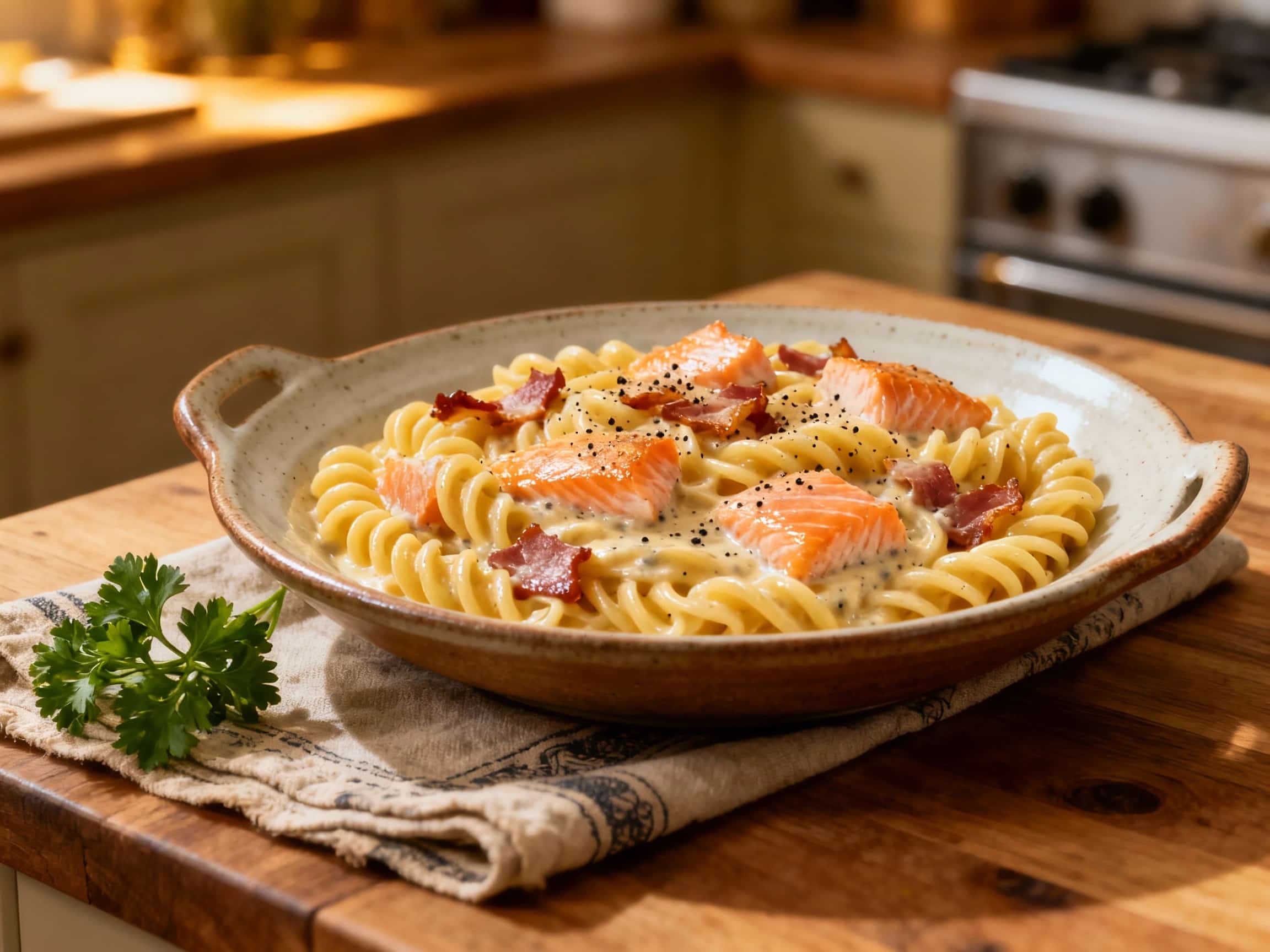 A creamy and decadent smoked salmon carbonara is plated in a white bowl, topped with fresh parsley and a sprinkle of black pepper, promising a rich and savory meal.