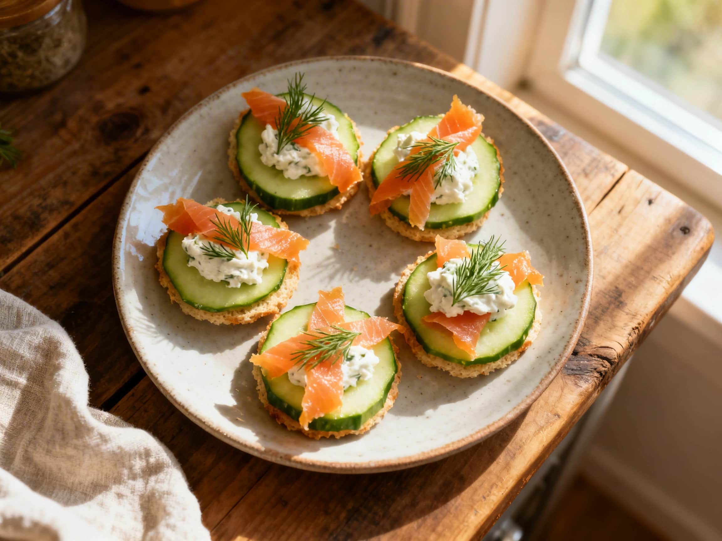 A close-up view of elegant smoked salmon and cucumber bites beautifully arranged on a white platter. Each bite features a crisp green cucumber slice topped with creamy dill cream cheese, a delicate curl of pink smoked salmon, tiny dark capers, and a fresh sprig of green dill, creating a vibrant and sophisticated appetizer display. The platter is set on a light-colored wooden surface, evoking a fre