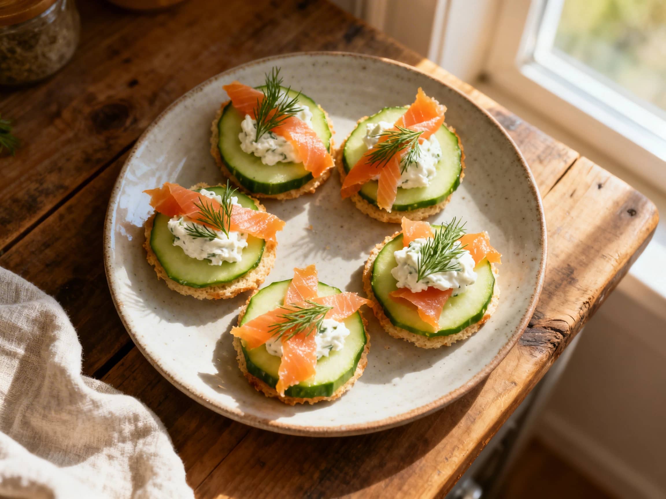 A close-up view of elegant smoked salmon and cucumber bites beautifully arranged on a white platter. Each bite features a crisp green cucumber slice topped with creamy dill cream cheese, a delicate curl of pink smoked salmon, tiny dark capers, and a fresh sprig of green dill, creating a vibrant and sophisticated appetizer display. The platter is set on a light-colored wooden surface, evoking a fre