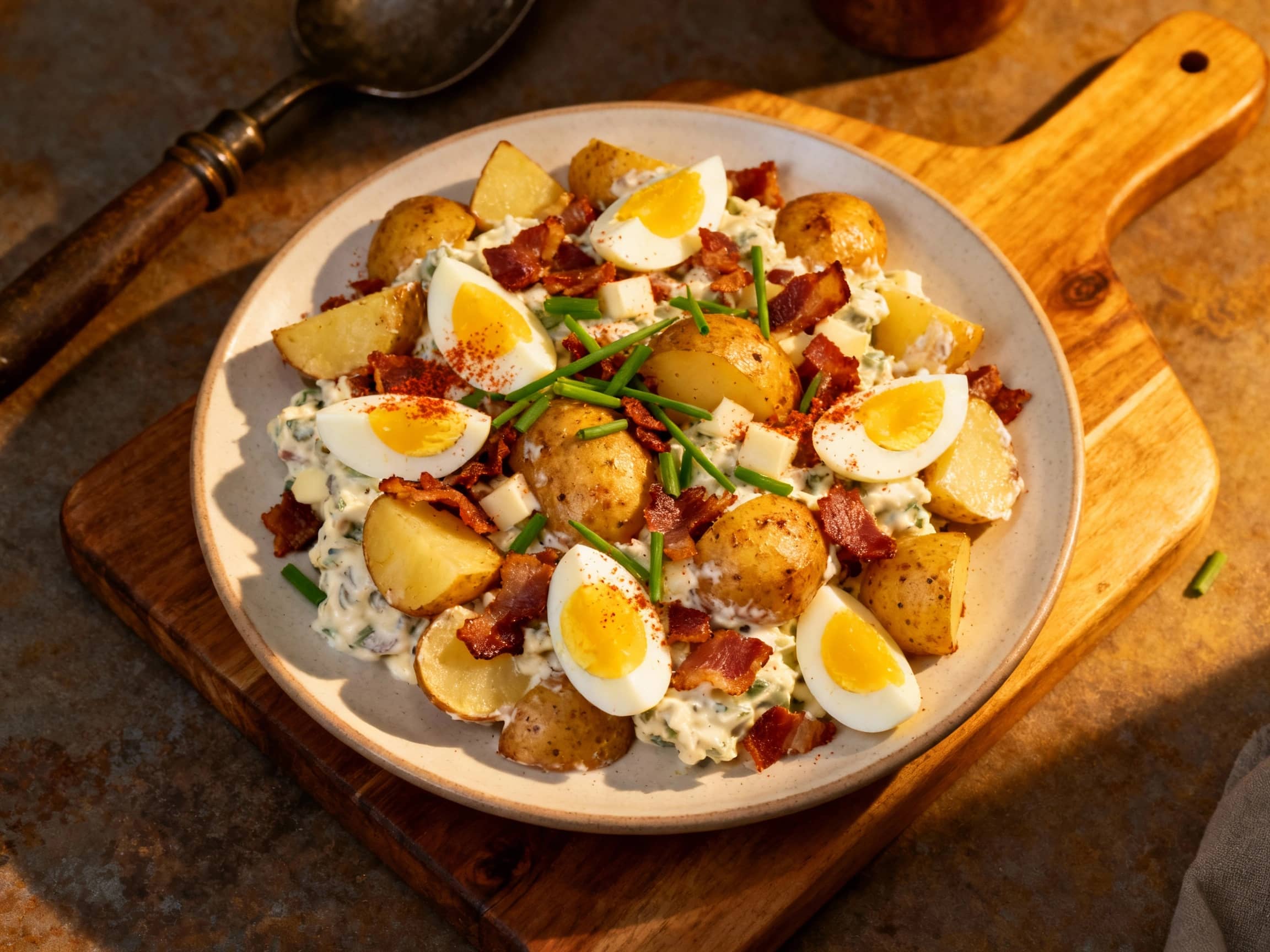 A rustic bowl overflows with creamy potato salad, generously studded with smoky bacon bits and chopped hard-boiled eggs, all topped with fresh parsley for a vibrant finish.
