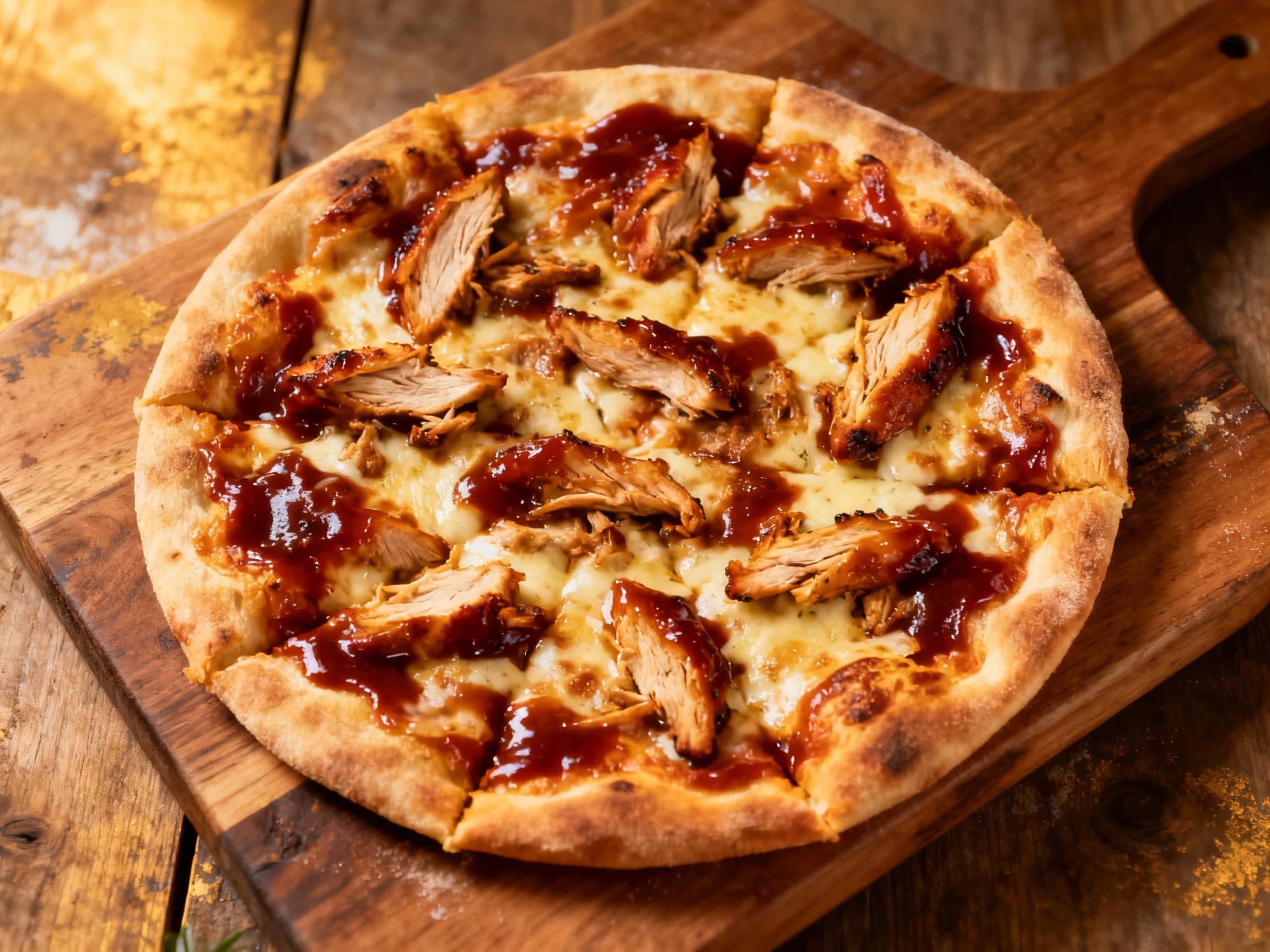 A crispy thin-crust pizza topped generously with smoky barbecue chicken, melted mozzarella, and fresh green cilantro, presented on a rustic wooden board under warm lighting.