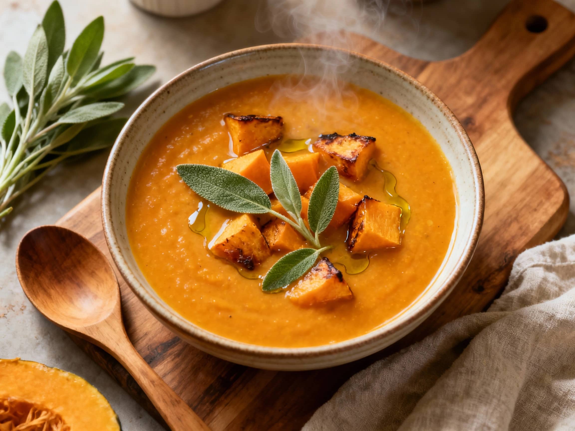 A creamy, golden butternut squash soup is artfully served in a rustic ceramic bowl, garnished with vibrant green sage leaves and a drizzle of olive oil, creating a cozy and inviting autumn scene.