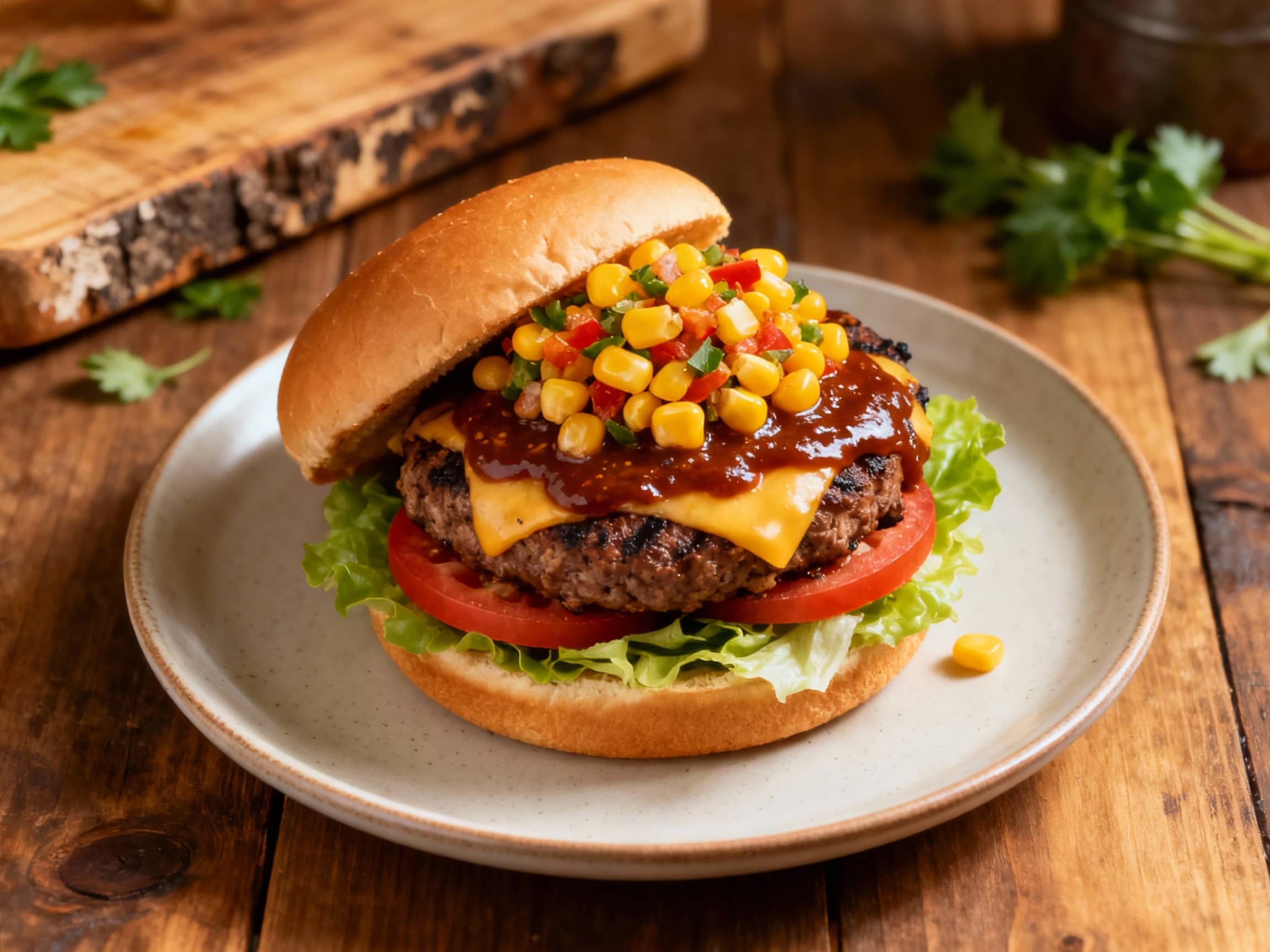 A juicy, grilled beef burger topped with smoky chipotle sauce and vibrant corn salsa sits on a rustic wooden board, ready to be devoured.