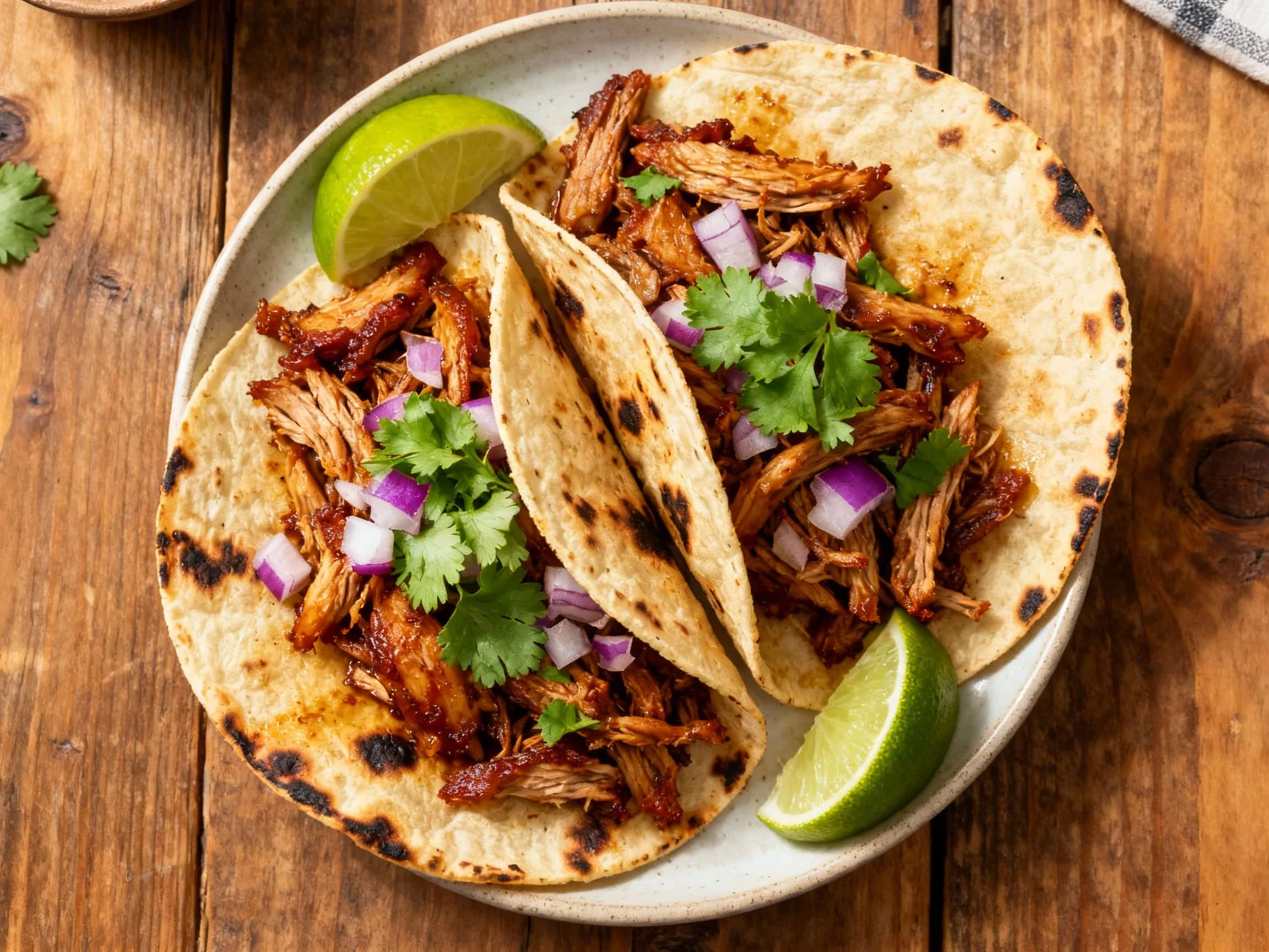 Tender, smoky chipotle pork carnitas are piled high on warm corn tortillas, garnished with fresh cilantro and diced onions, creating a vibrant and flavorful taco feast.