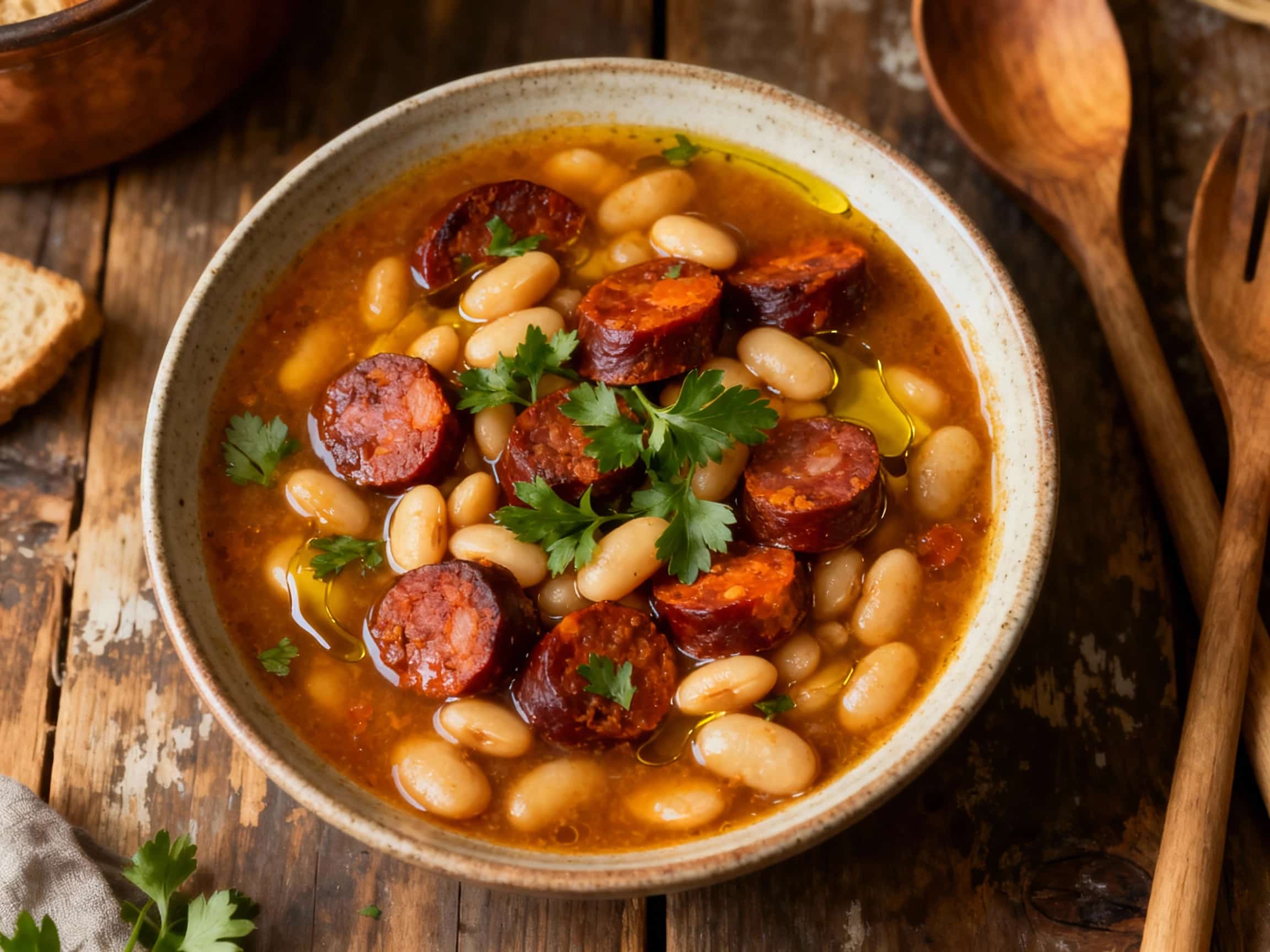 A comforting bowl of smoky chorizo and butter bean stew is served in a rustic ceramic dish, topped with fresh parsley and a drizzle of olive oil.