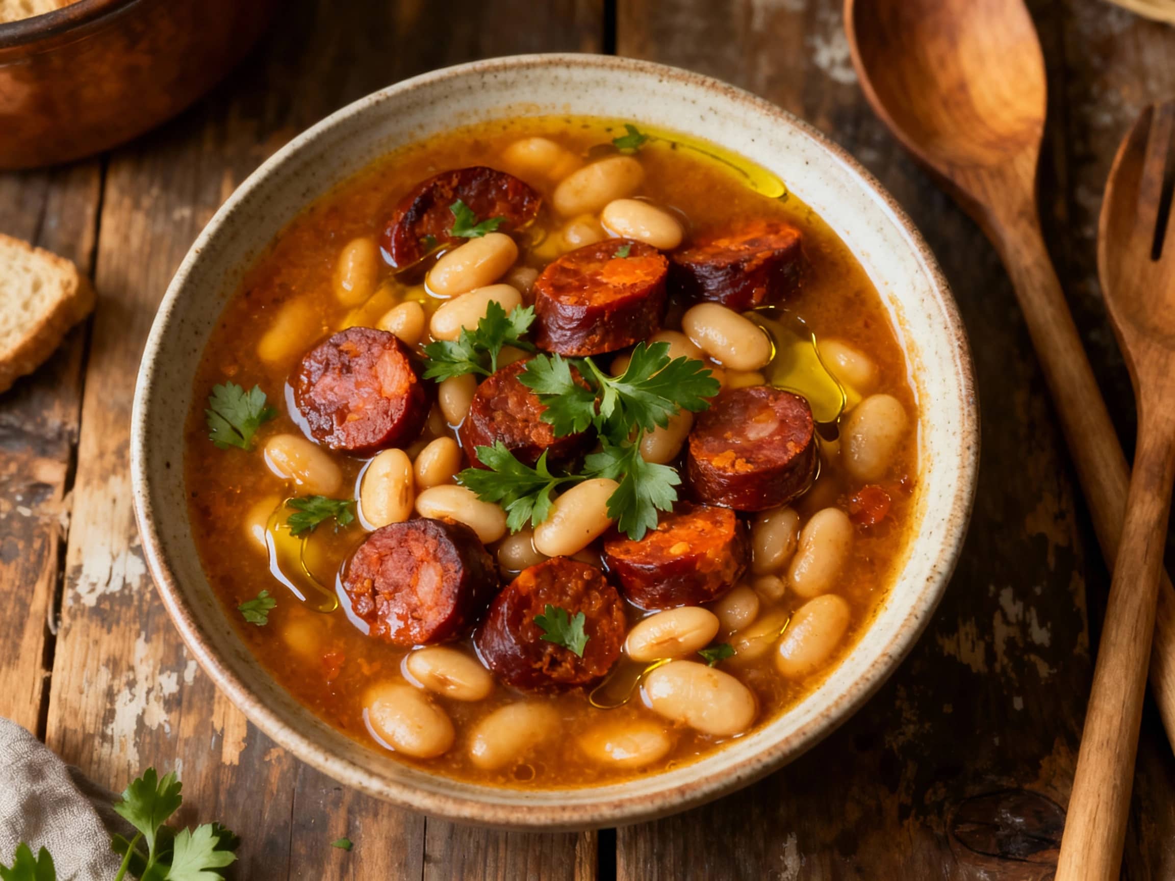 A comforting bowl of smoky chorizo and butter bean stew is served in a rustic ceramic dish, topped with fresh parsley and a drizzle of olive oil.