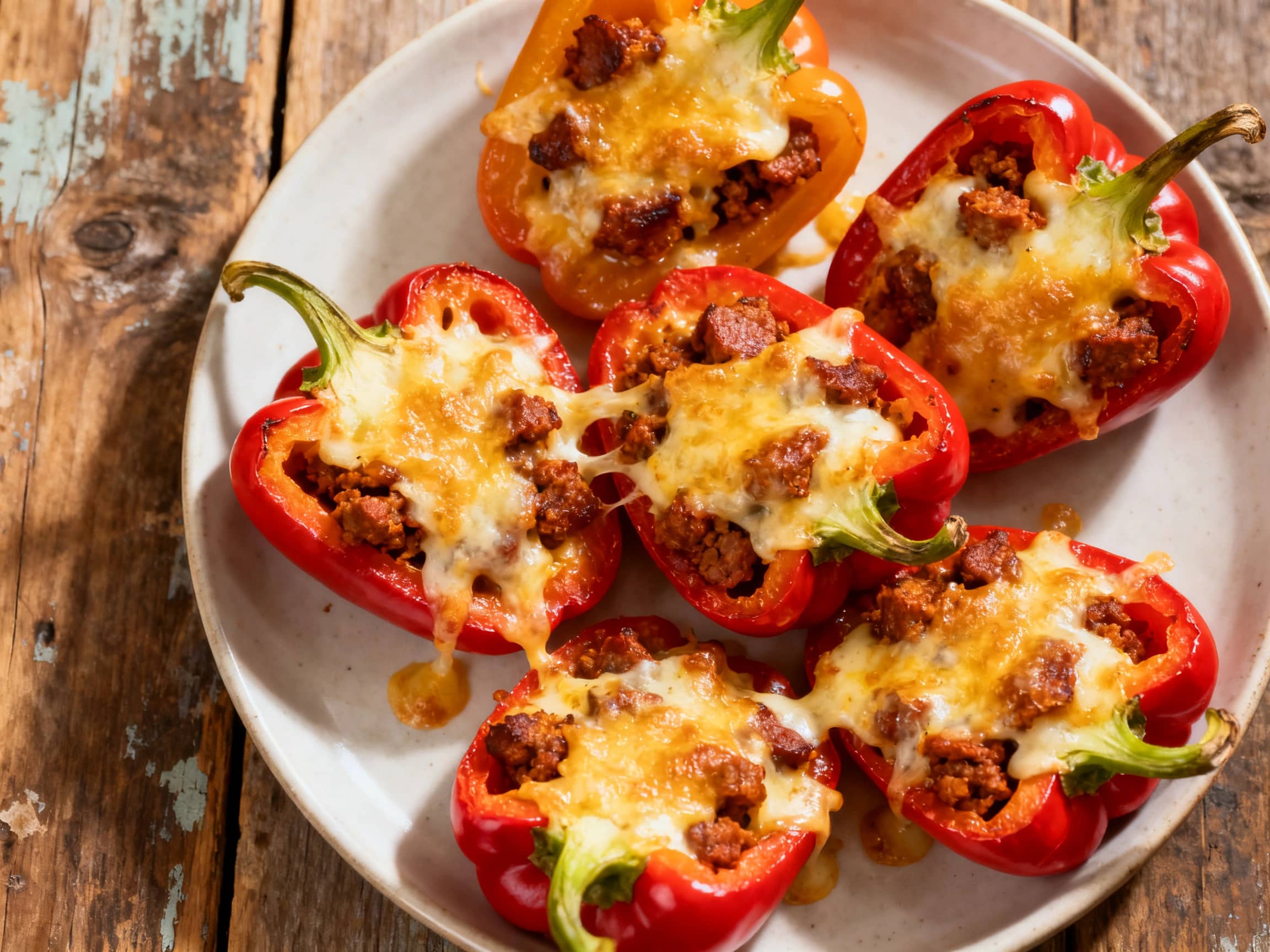 A rustic wooden platter showcases an array of vibrant red, orange, and yellow mini bell peppers. Each pepper half is generously stuffed with a savory, golden-brown chorizo and melted cheese filling, bubbling invitingly. A sprinkle of fresh green cilantro adorns the tops, adding a pop of color. The peppers are arranged artfully, inviting guests to enjoy these rich, hot appetizers, perfect for a coz