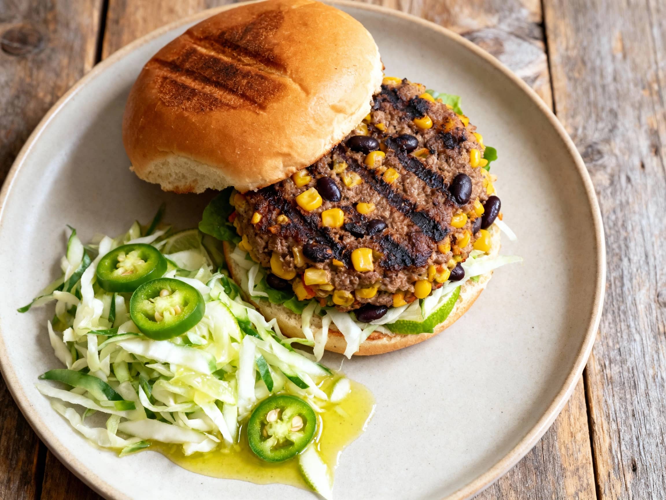 A vibrant, smoky corn and black bean burger is topped with a crunchy, refreshing jalapeno-lime slaw and served on a toasted bun, ready for a delicious meal.