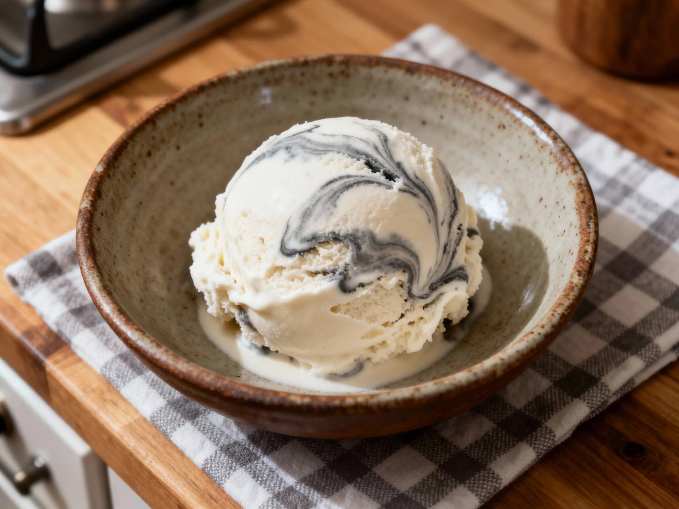 A scoop of dark brown, intriguing ice cream sits in a small white bowl, topped with a sprinkle of contrasting charred bits and a light dusting of what looks like smoked paprika, evoking a bold, unexpected flavor profile.