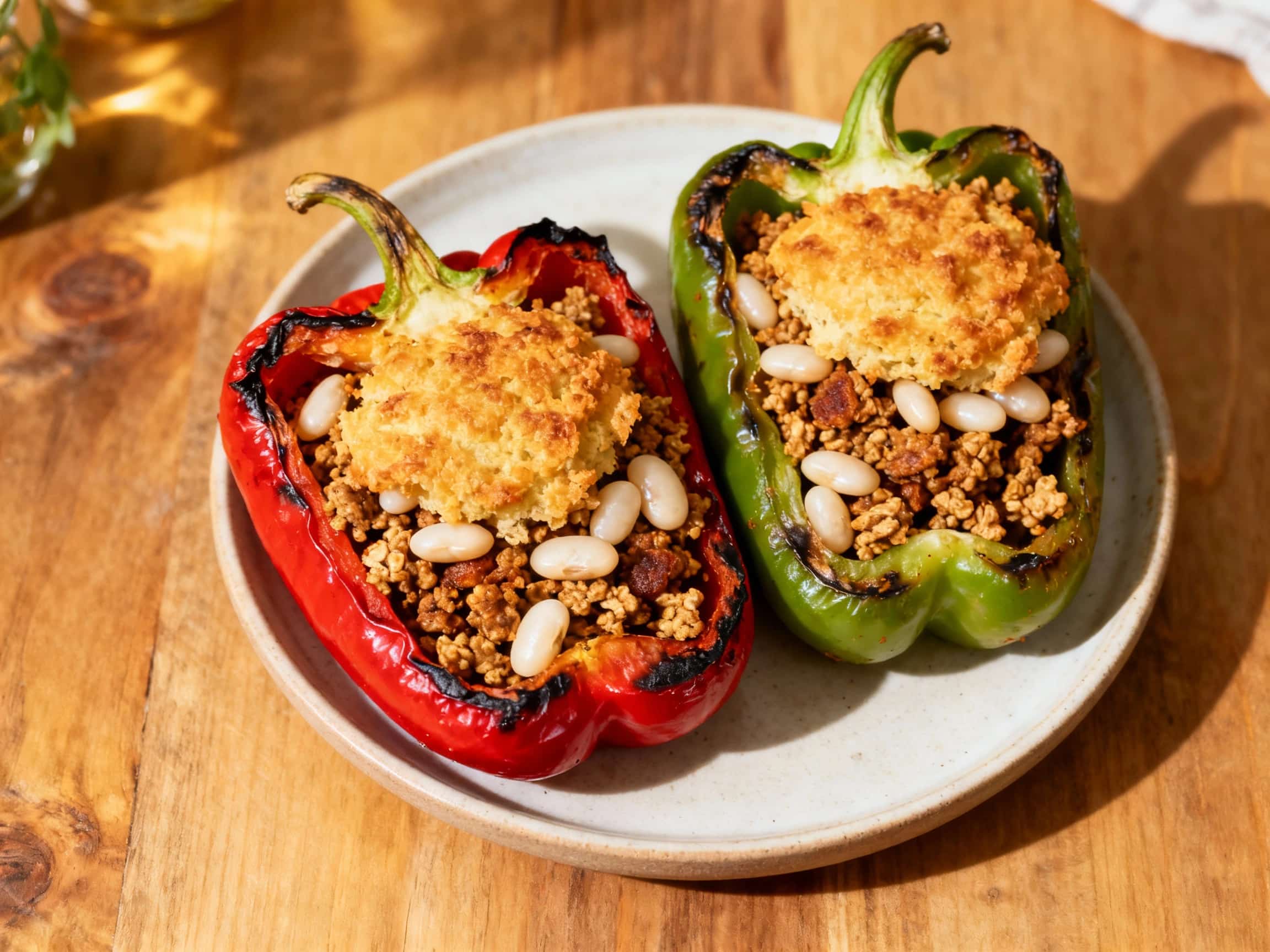 Smoky tempeh and white beans are generously mounded in vibrant, roasted bell pepper halves, topped with fresh green herbs and ready to be devoured.