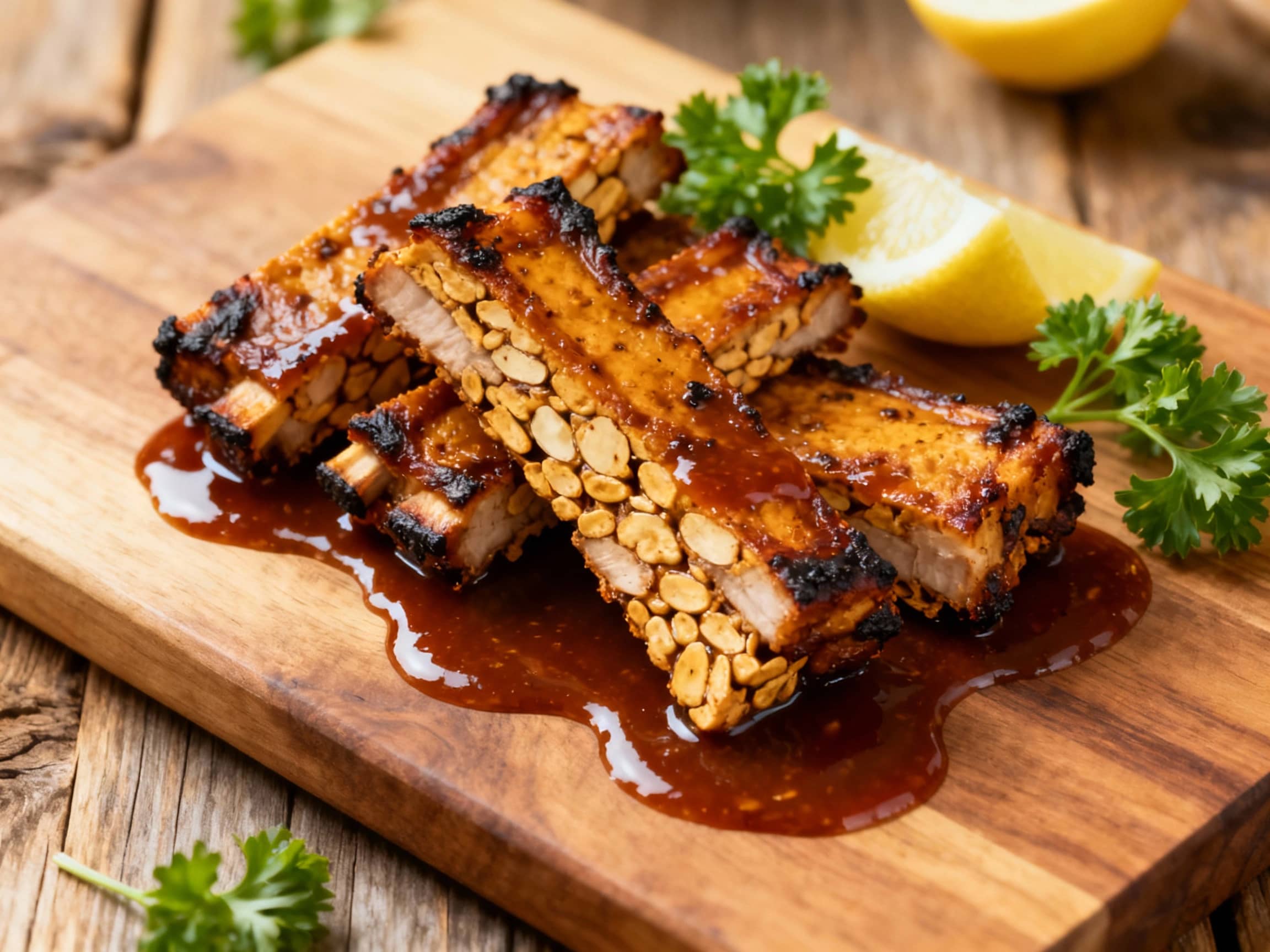 Smoky, caramelized tempeh ribs glisten with tangy BBQ sauce, served piled high with vibrant green cilantro for a delicious and satisfying plant-based meal.
