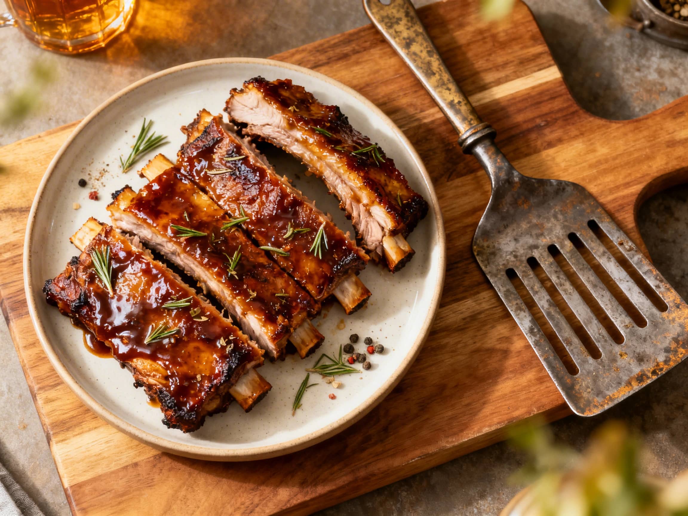 A rack of raw pork ribs lavishly coated in a rich, dark brown marinade, laid out on a distressed wooden cutting board. The marinade appears thick and glossy, with visible specks of spices, suggesting a deep, complex flavor. The scene conveys a rustic, inviting culinary atmosphere, perfect for preparing hearty barbecue.