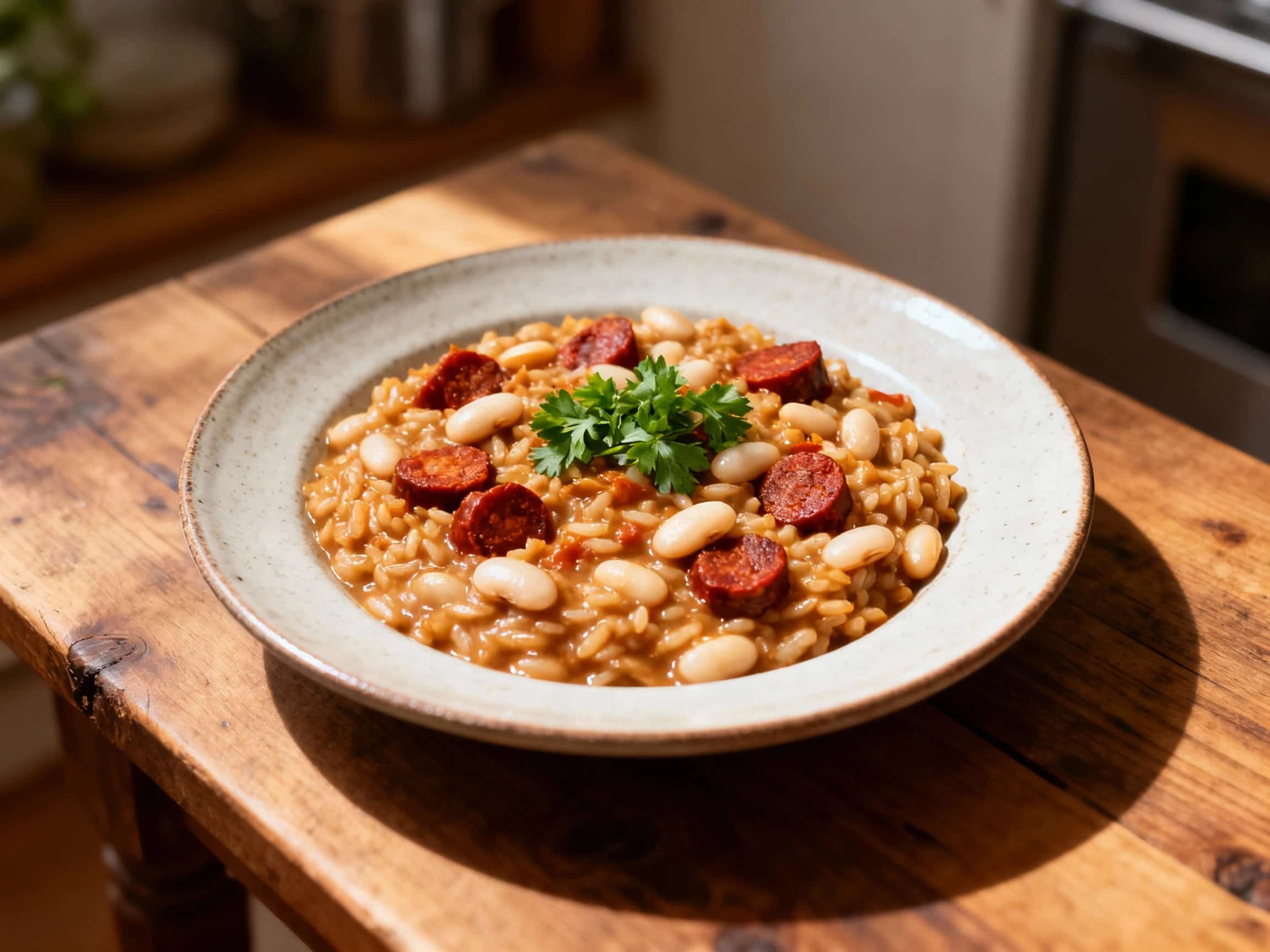 A creamy and smoky white bean risotto is generously topped with crumbled, spicy chorizo, fresh parsley, and a drizzle of olive oil.