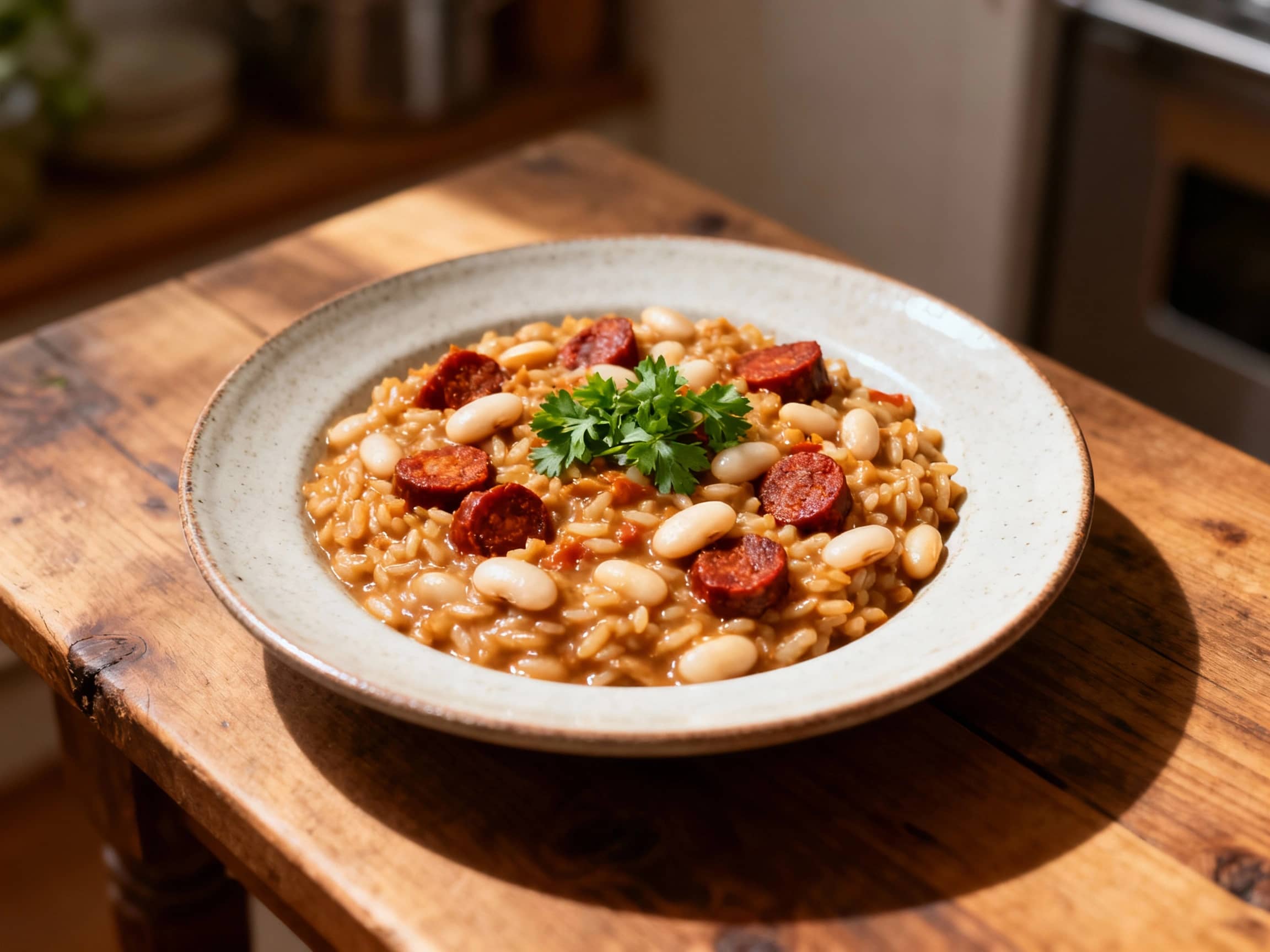 A creamy and smoky white bean risotto is generously topped with crumbled, spicy chorizo, fresh parsley, and a drizzle of olive oil.