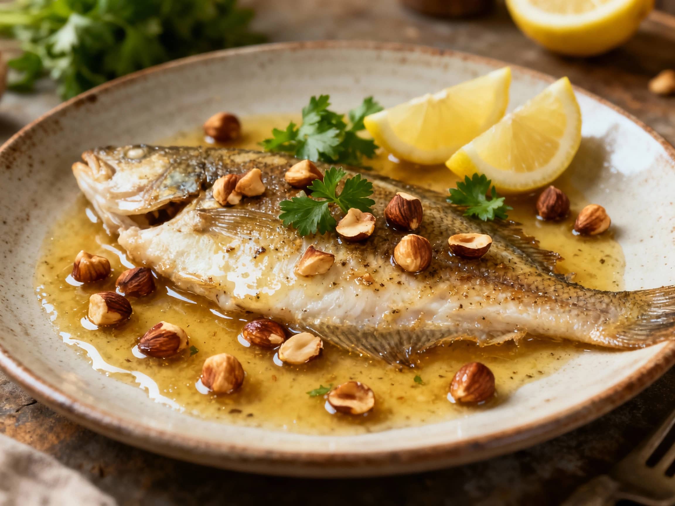 A golden-brown sole fillet with a glistening beurre noisette sauce is artfully sprinkled with toasted hazelnuts and fresh parsley, ready to be enjoyed.