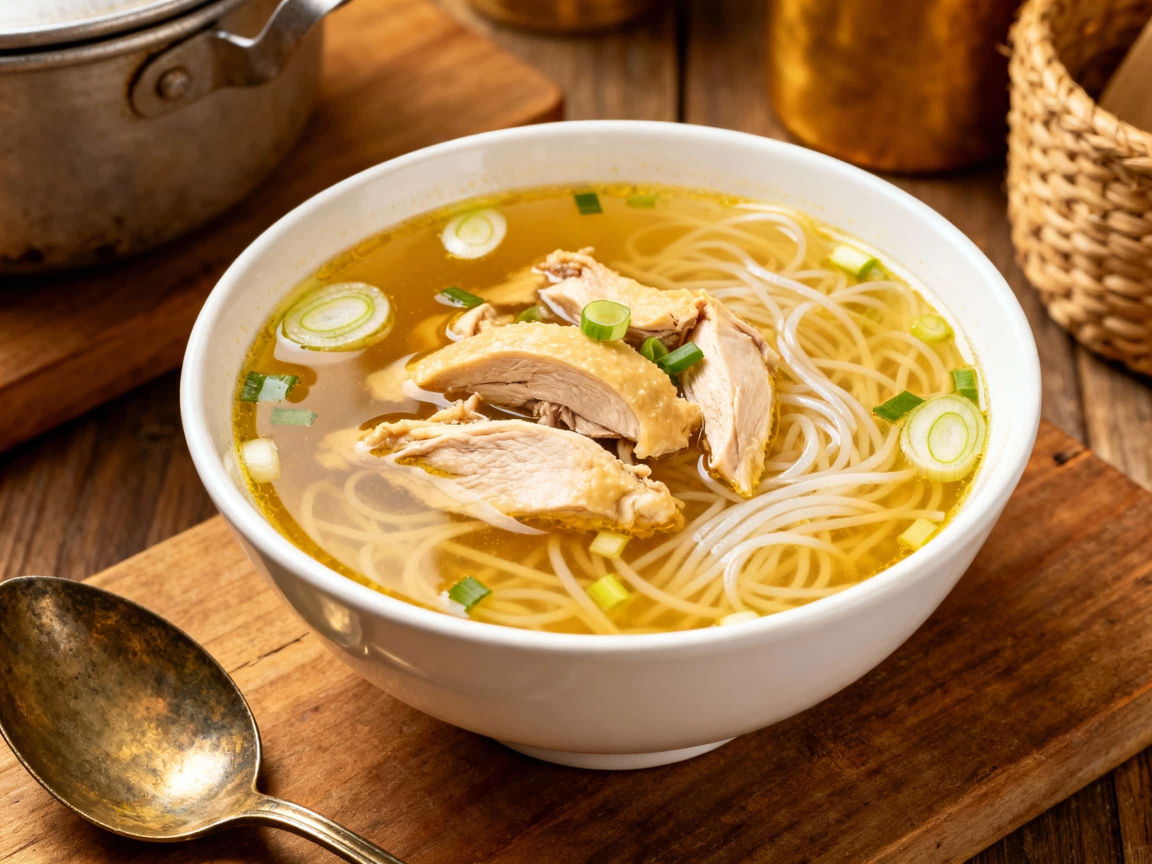 A beautifully presented bowl of Indonesian Soto Ayam Bening, a clear chicken noodle soup. The soup is served in a traditional ceramic bowl and is filled with tender shredded chicken, delicate rice vermicelli noodles, and is topped with halved hard-boiled eggs, fresh green scallions, and crunchy fried shallots, ready to be enjoyed with a lime wedge.