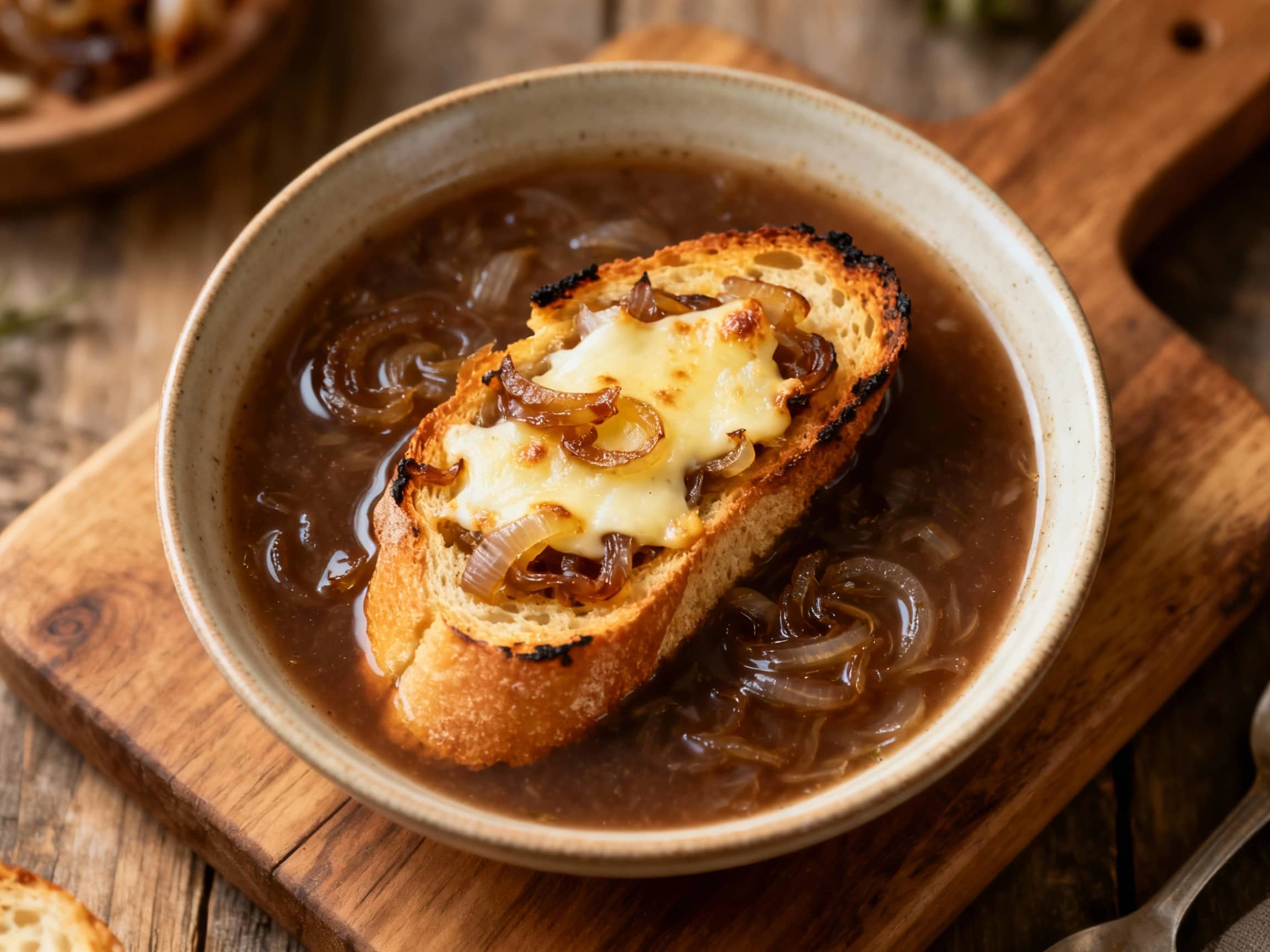 Golden-brown toasted bread is piled high with rich, savory French onion soup and topped with melted Gruyere cheese, creating an inviting and delicious open-faced sandwich.