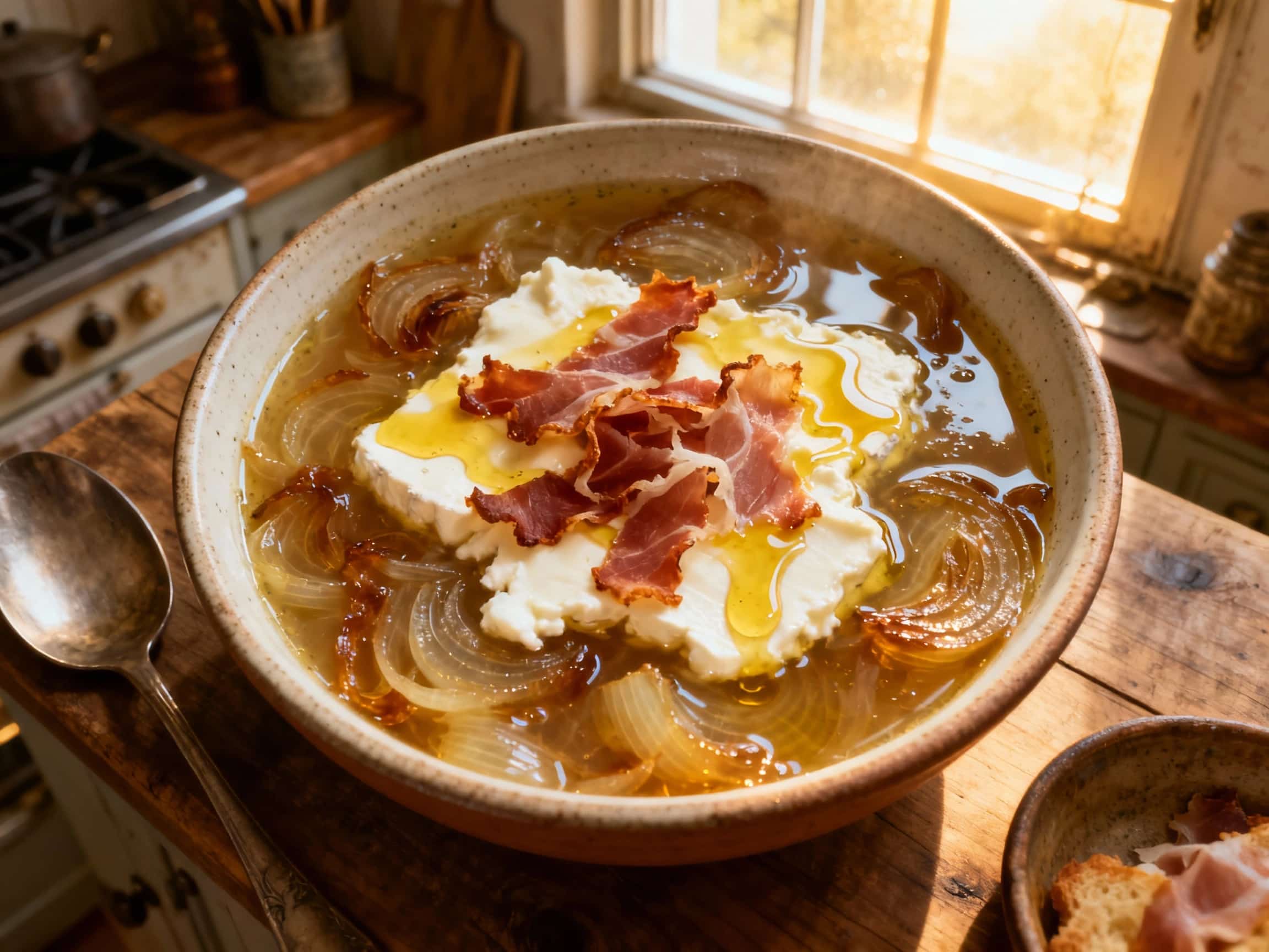 Soupe à l'oignon with Goat Cheese & Prosciutto