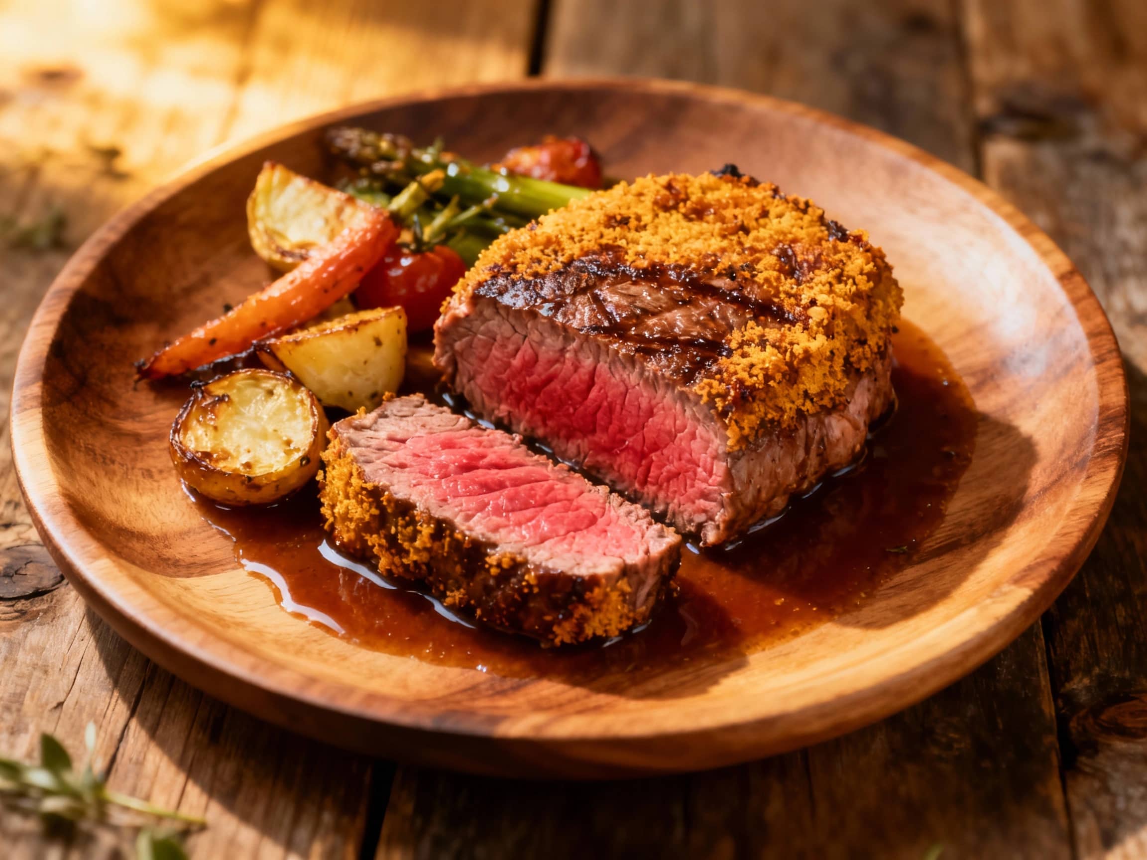 A perfectly seared filet mignon rests on a white plate, showcasing a deep brown crust and a tender, pink interior, ready to be enjoyed.
