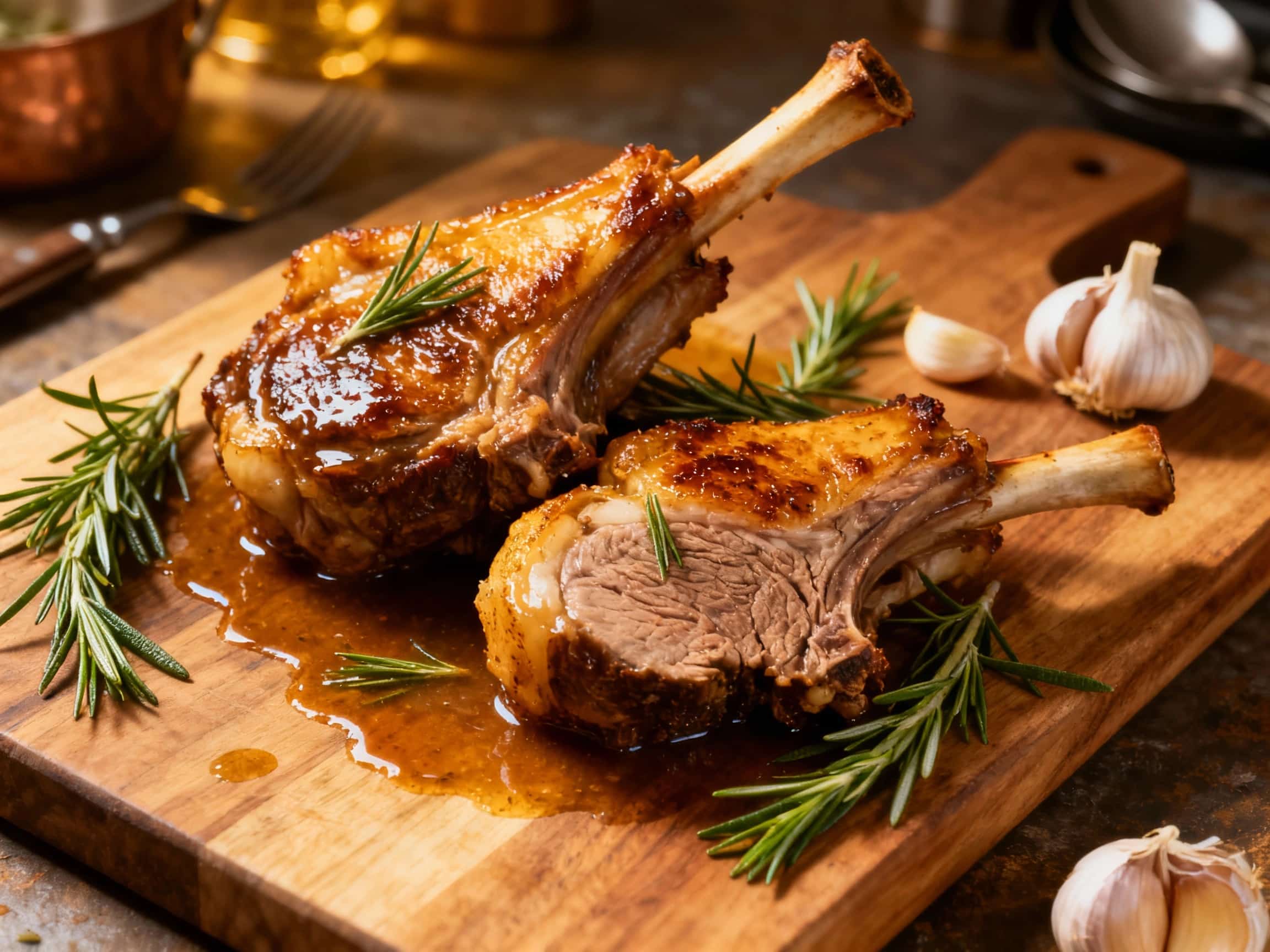 A close-up of two dark, glistening sous vide lamb shanks, perfectly seared and served on a black plate with creamy mashed potatoes, fresh rosemary, and roasted garlic. The lamb is incredibly tender, falling off the bone, and drizzled with a rich, natural jus, creating an inviting and gourmet appearance.