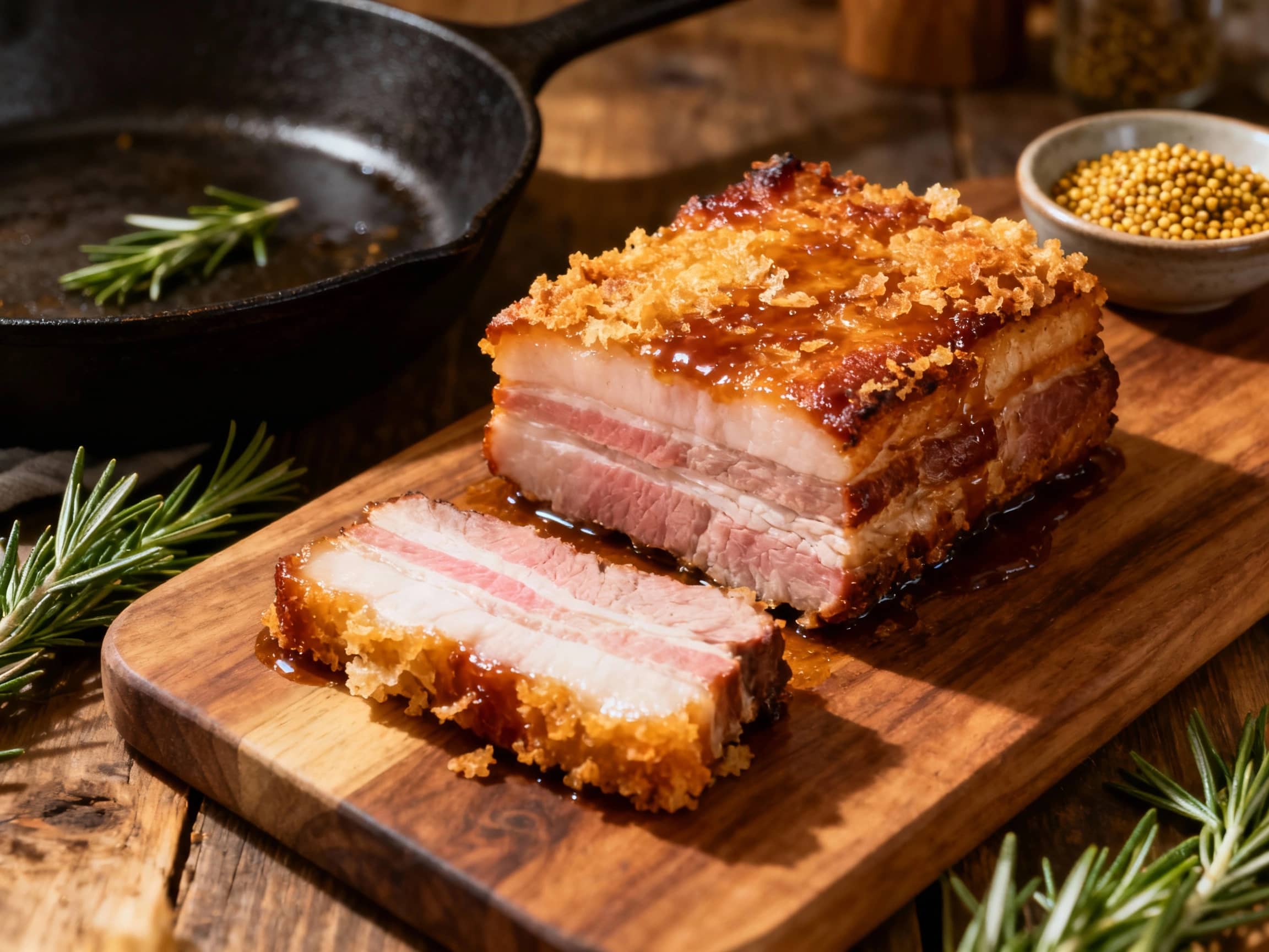 Golden-brown, crispy pork belly sits glistening on a bed of dark greens, promising a rich and savory culinary experience.