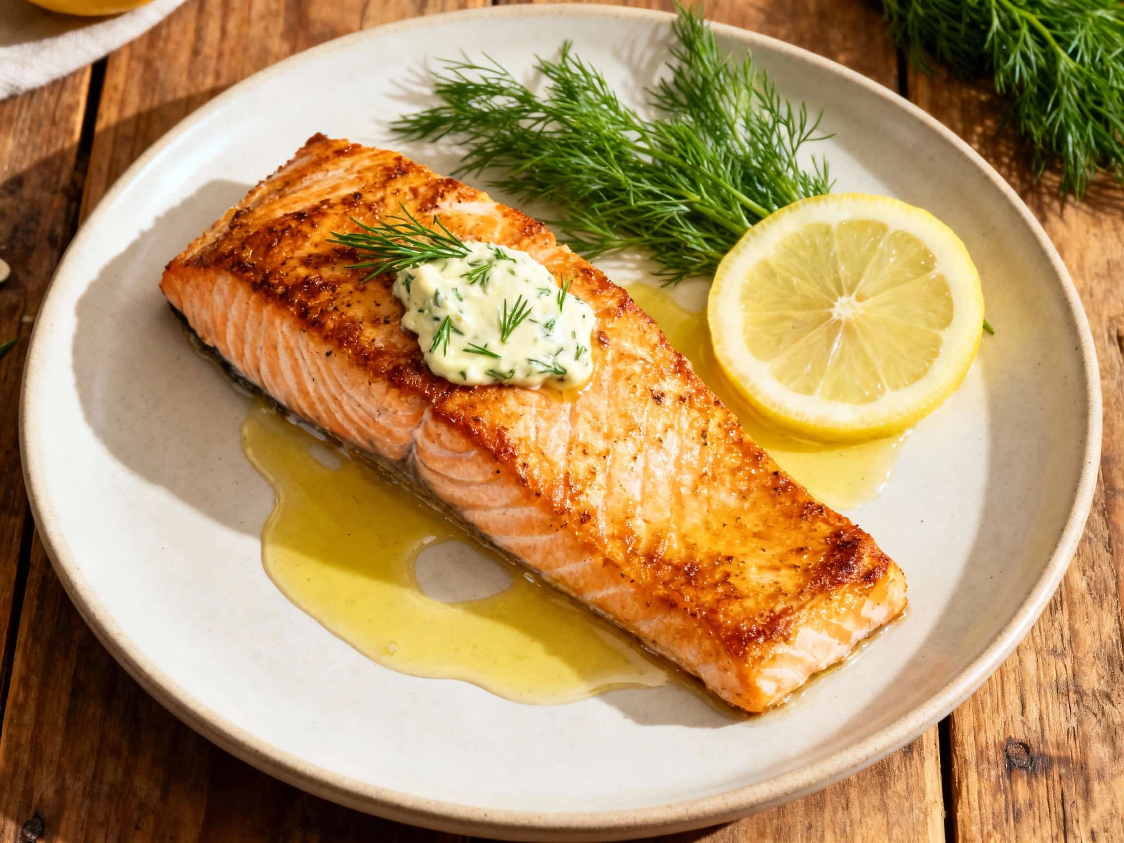 A perfectly cooked salmon fillet rests in a pool of glistening lemon dill butter, its flaky texture highlighted by soft, warm lighting.
