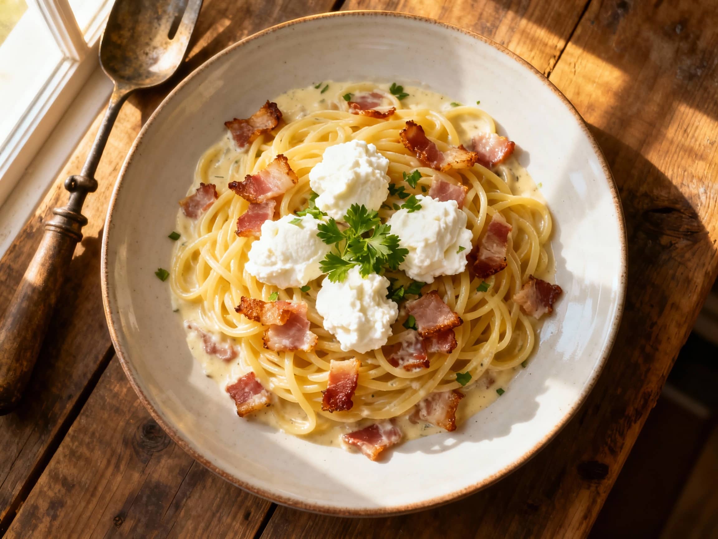 A creamy, comforting bowl of spaghetti carbonara is generously topped with crispy pancetta, fresh parsley, and a drizzle of ricotta cheese, inviting a satisfying meal.