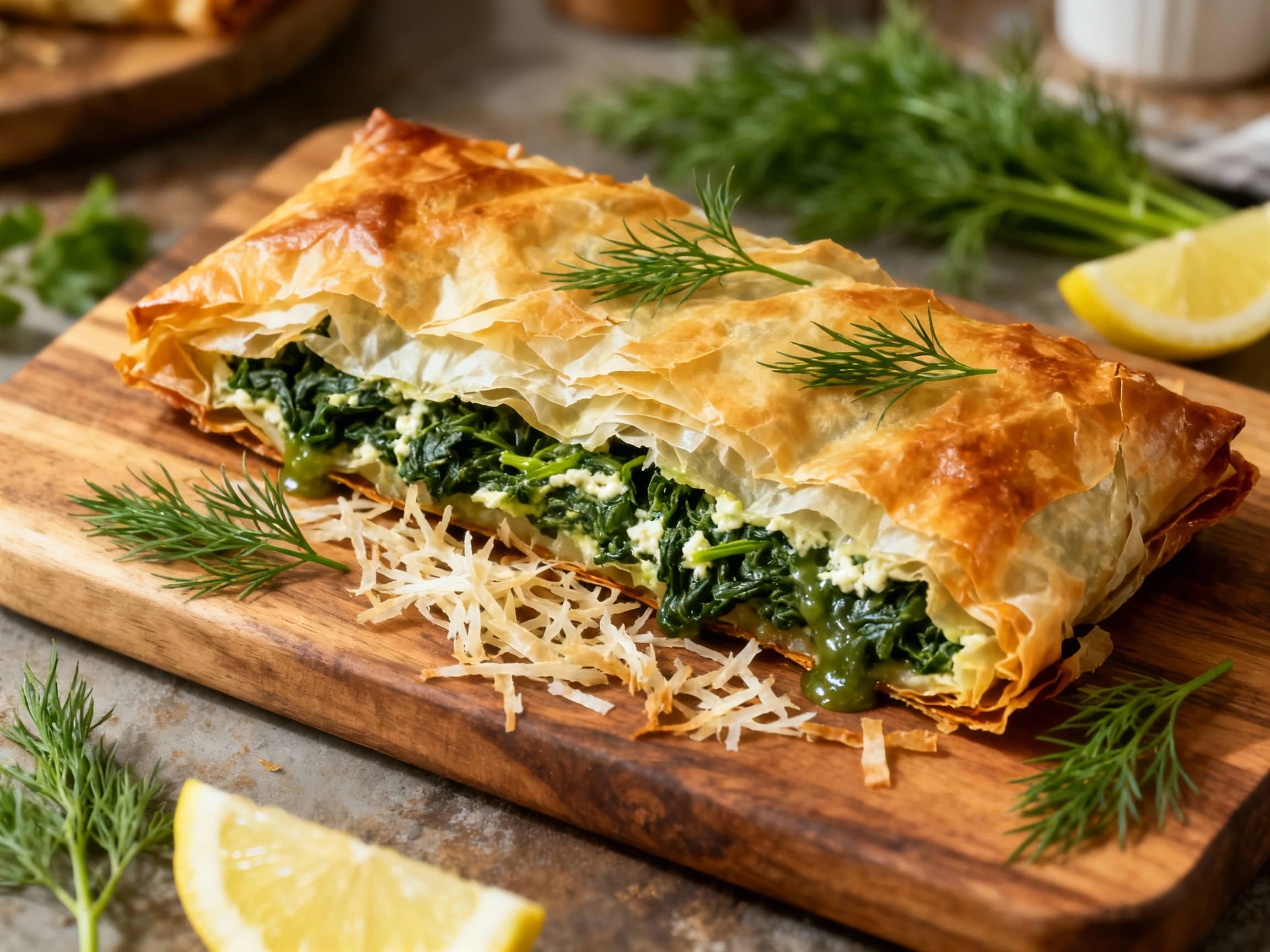 Golden-brown spanakopita strudel, its flaky, shredded phyllo layers glistening under warm light, is artfully arranged on a rustic wooden board, ready to be sliced.