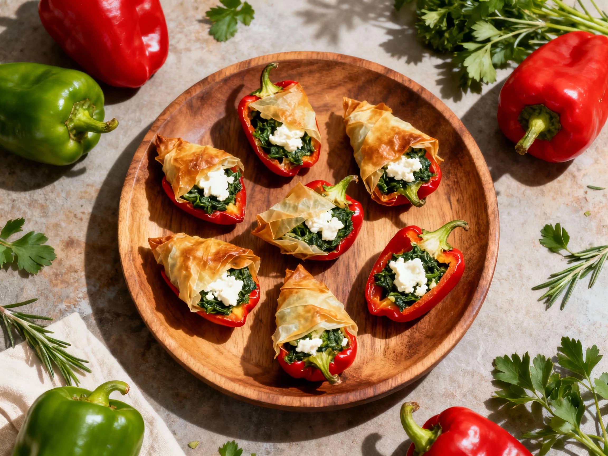 Golden mini bell peppers are generously stuffed with a creamy, savory spanakopita filling, baked until tender and slightly blistered, with fresh dill sprigs artfully scattered on top in a rustic display.