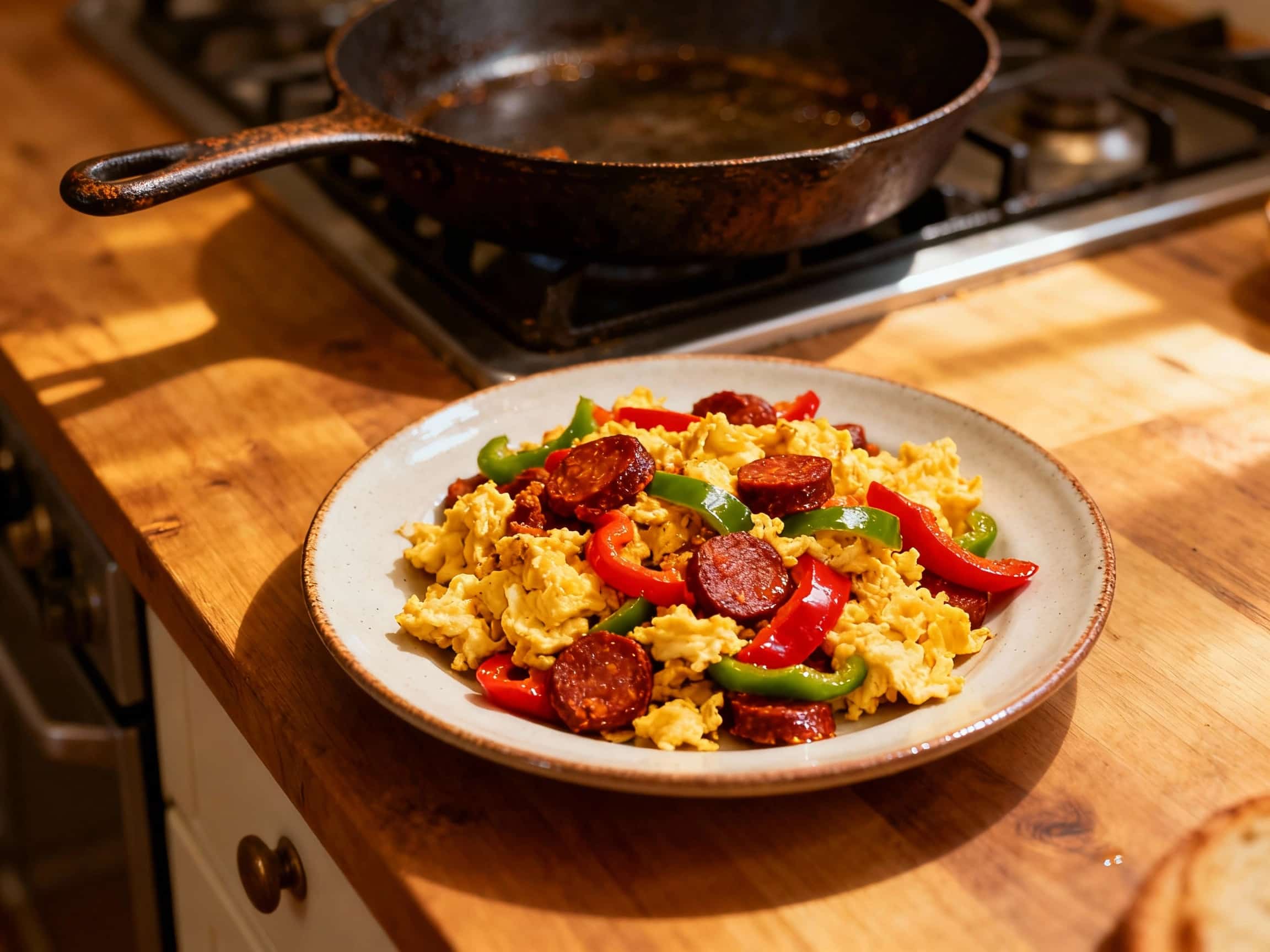 A colorful Spanish Chorizo and Pepper Scramble is presented in a cast-iron skillet on a dark wooden table. Fluffy scrambled eggs, infused with the rich, smoky flavors of crumbled chorizo, are interspersed with bright red and yellow bell peppers and fresh green cilantro. A fork rests beside the skillet, and slices of crusty bread are visible in the soft-focused background, suggesting a hearty and f