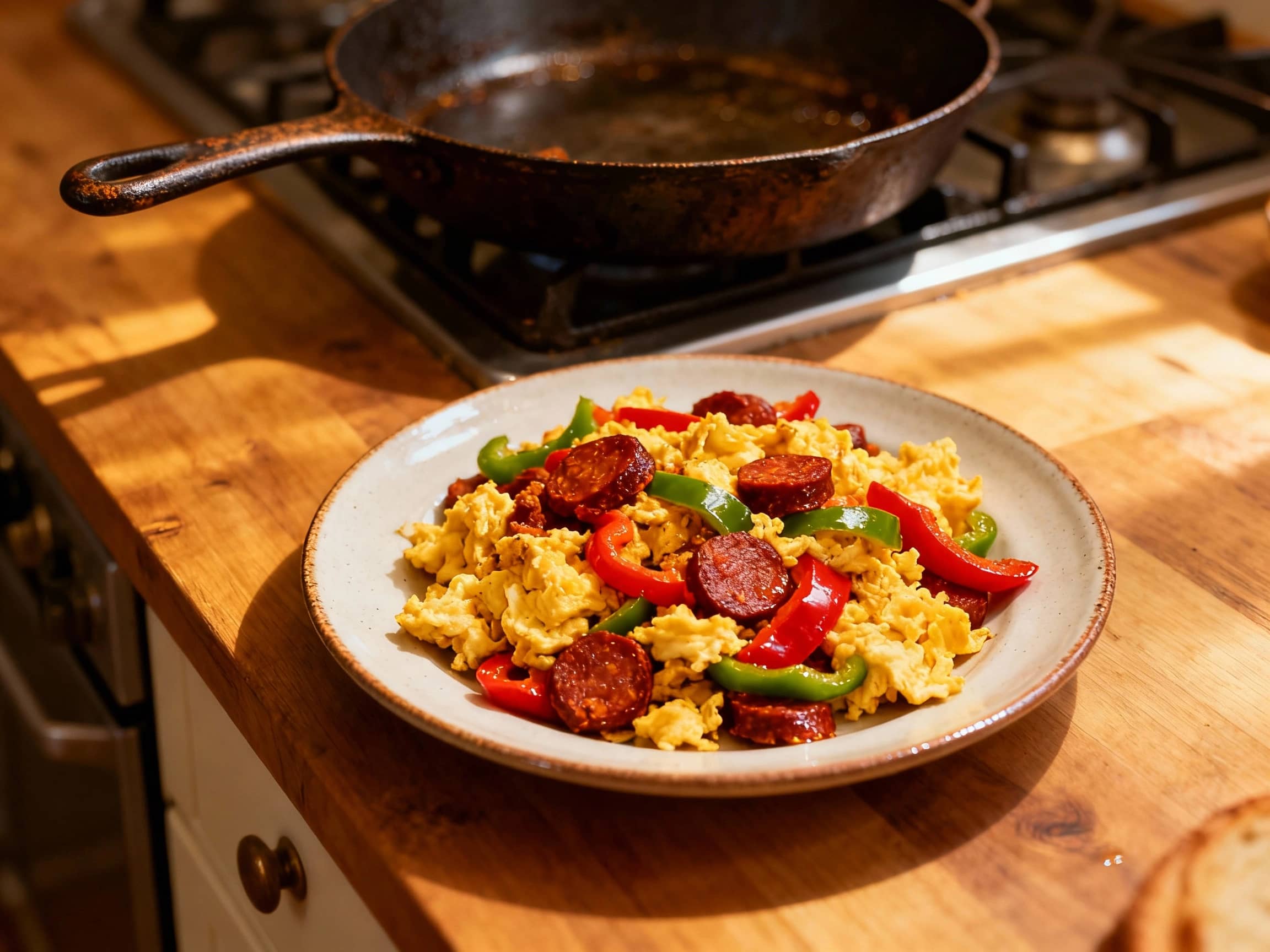 A colorful Spanish Chorizo and Pepper Scramble is presented in a cast-iron skillet on a dark wooden table. Fluffy scrambled eggs, infused with the rich, smoky flavors of crumbled chorizo, are interspersed with bright red and yellow bell peppers and fresh green cilantro. A fork rests beside the skillet, and slices of crusty bread are visible in the soft-focused background, suggesting a hearty and f