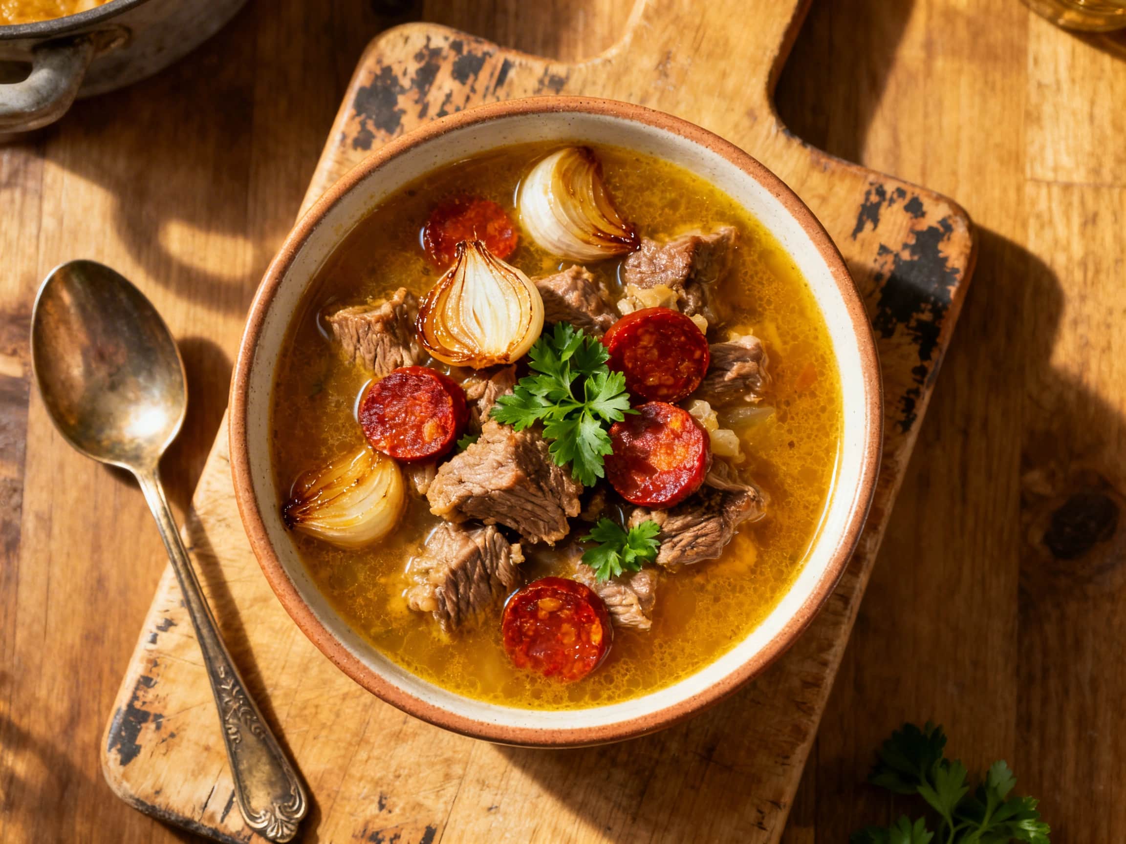 A close-up of a hearty Spanish Garlic Lamb Stew with Chorizo in a traditional, dark red earthenware pot, brimming with tender lamb pieces, vibrant slices of chorizo, and softened vegetables like bell peppers and onions. The stew has a rich, glossy, dark red sauce and is garnished with bright green fresh parsley. The pot is placed on a rustic wooden table, evoking a cozy and inviting atmosphere, pe